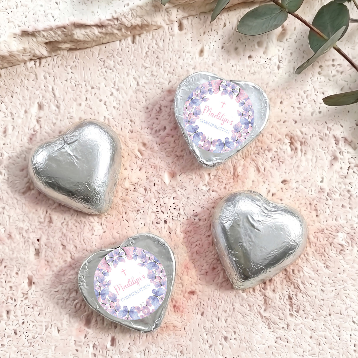 Personalised foil-covered chocolate hearts, silver heart chocolates with floral window