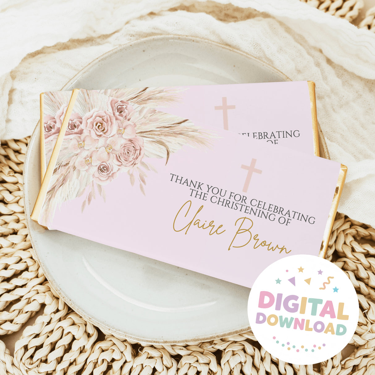 Pink christening chocolate bar wrappers with floral bouquet, crosses, and thank-you text