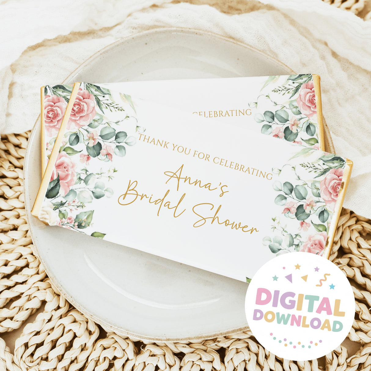 Printed chocolate bar wrapper with pink roses, green leaves, and thank-you bridal shower text