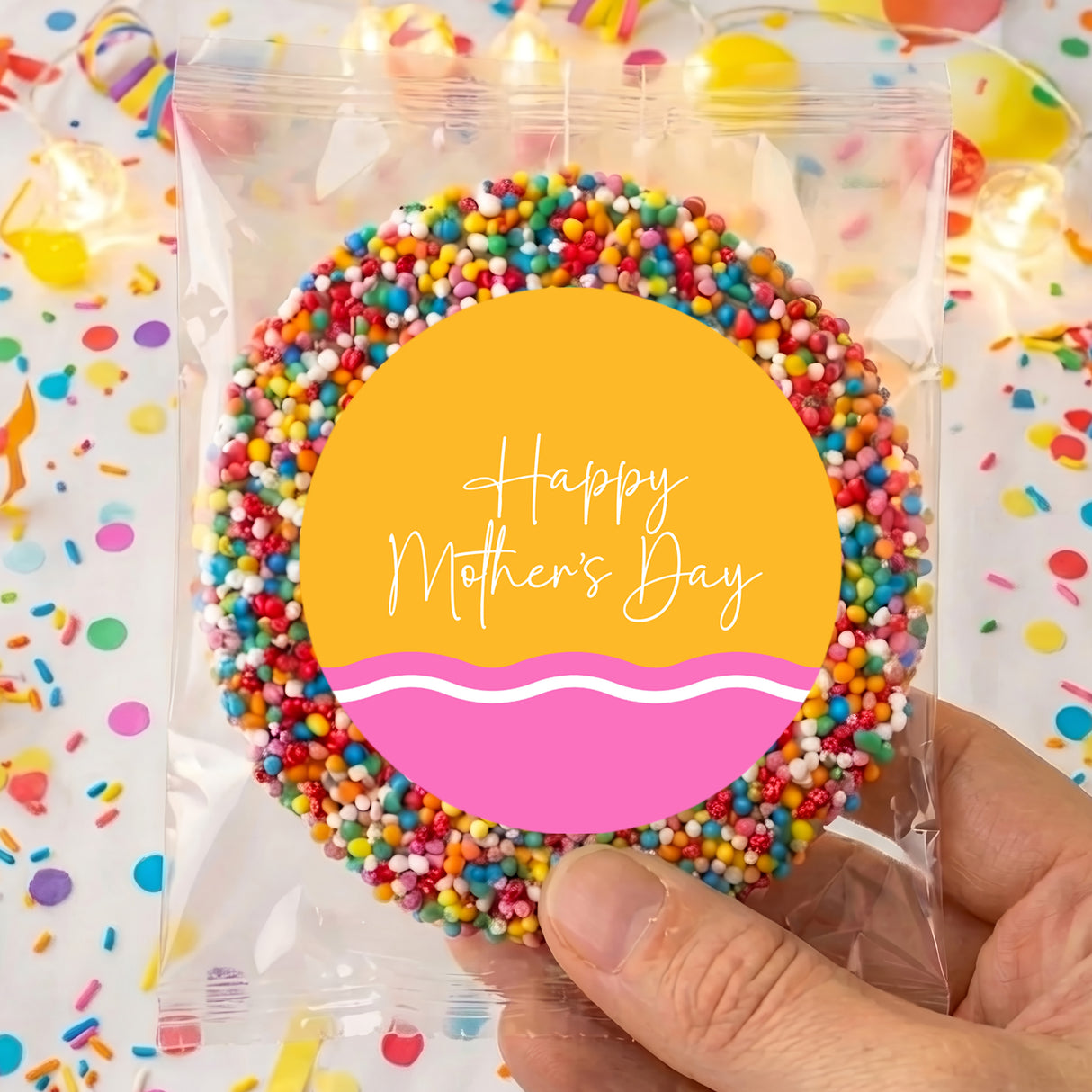 Giant freckles cookie in clear bag with rainbow sprinkles, round Happy Mother's Day label
