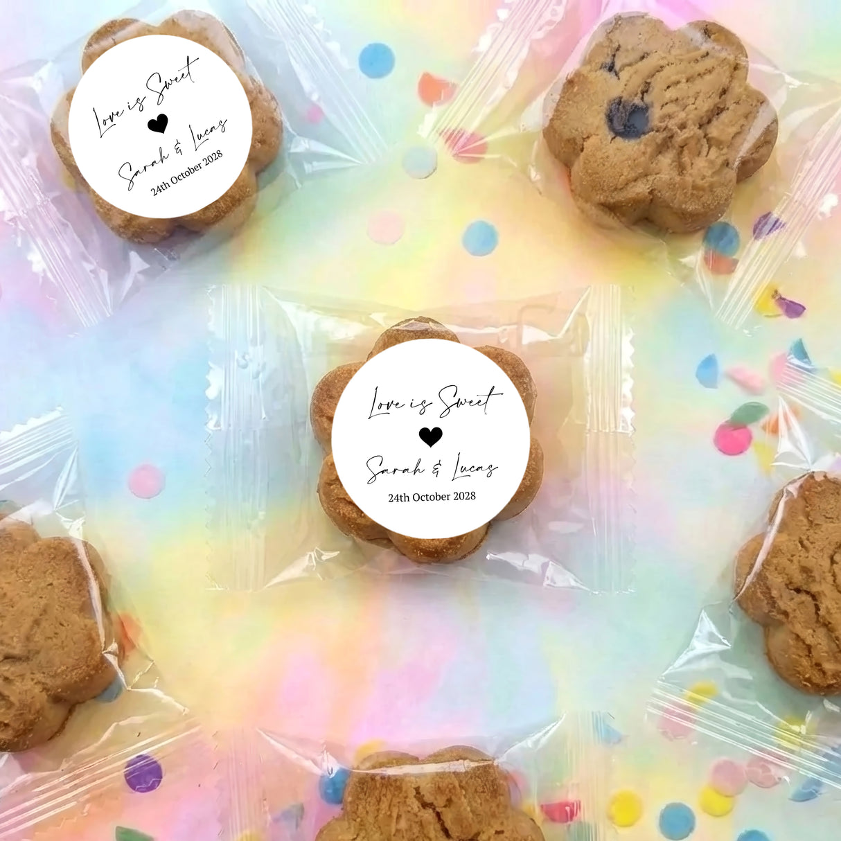 Personalised bite-size chocolate chip cookies with round love label stickers on bags