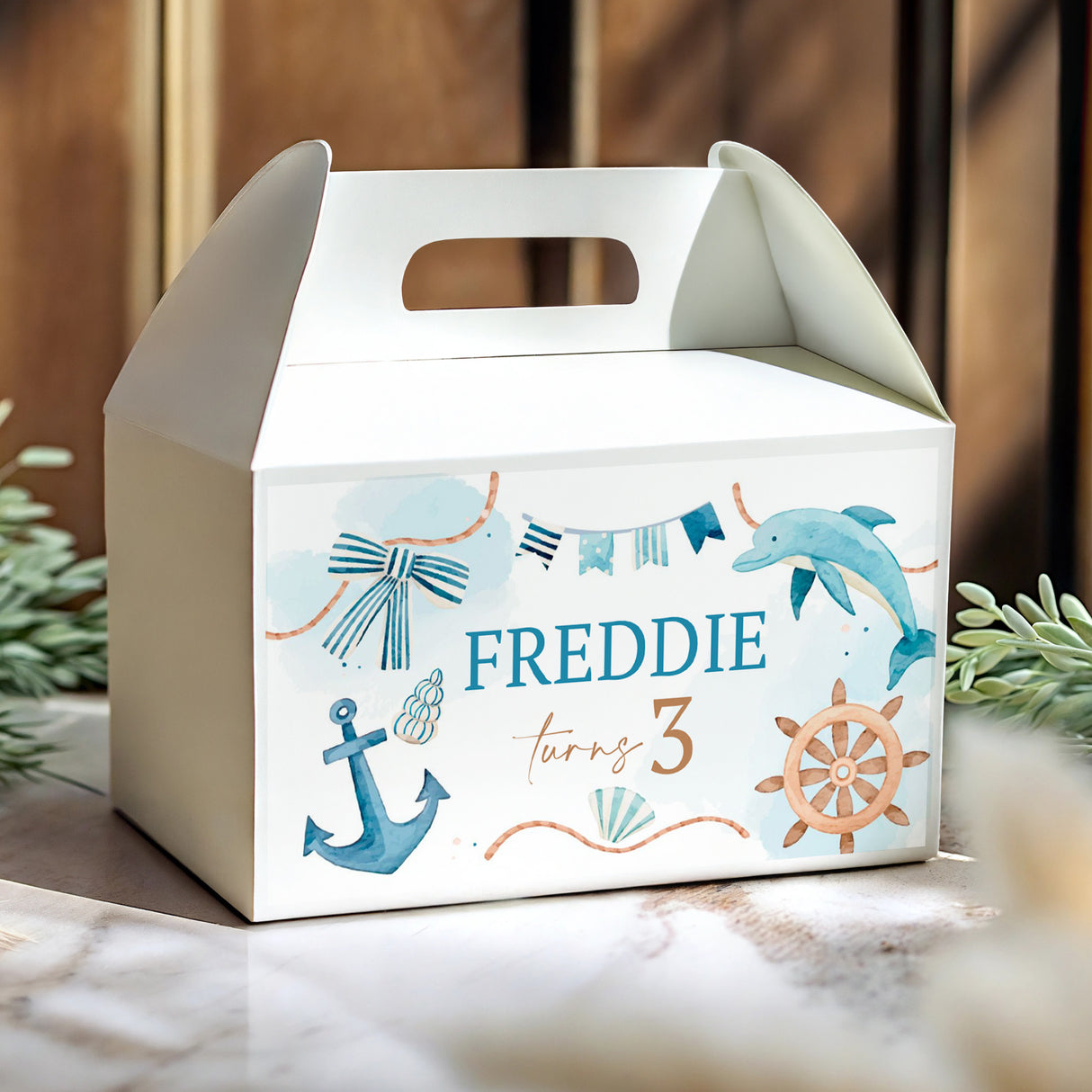 White nautical gable favour box with handle cutout and 'Freddie' for 3