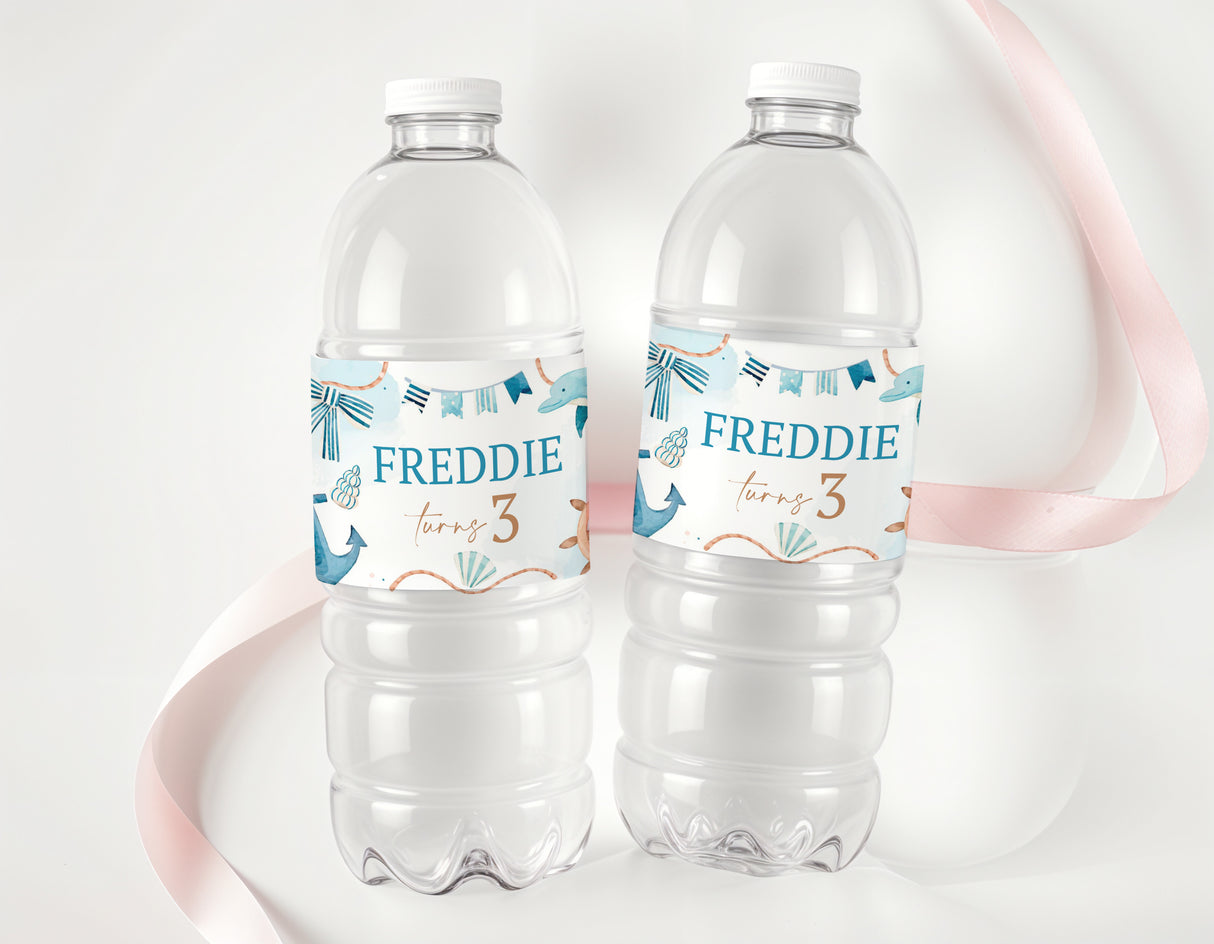 Personalised nautical birthday water bottle labels, Freddie turns 3, on clear plastic bottles