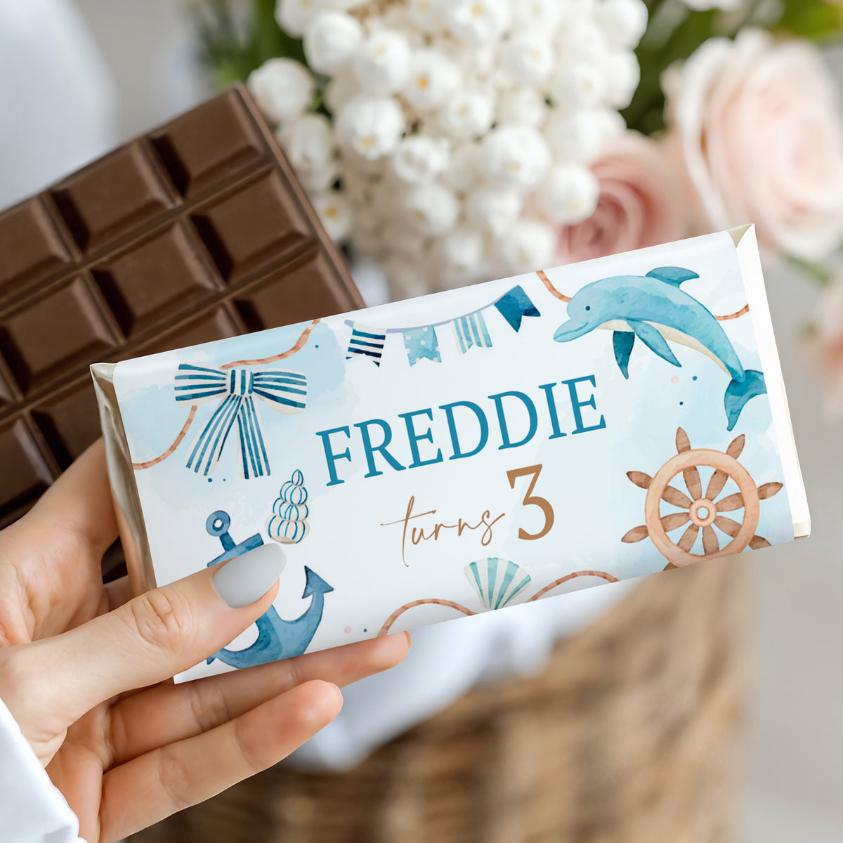 Freddie nautical birthday chocolate bar wrapper, blue sea-themed illustrations on white