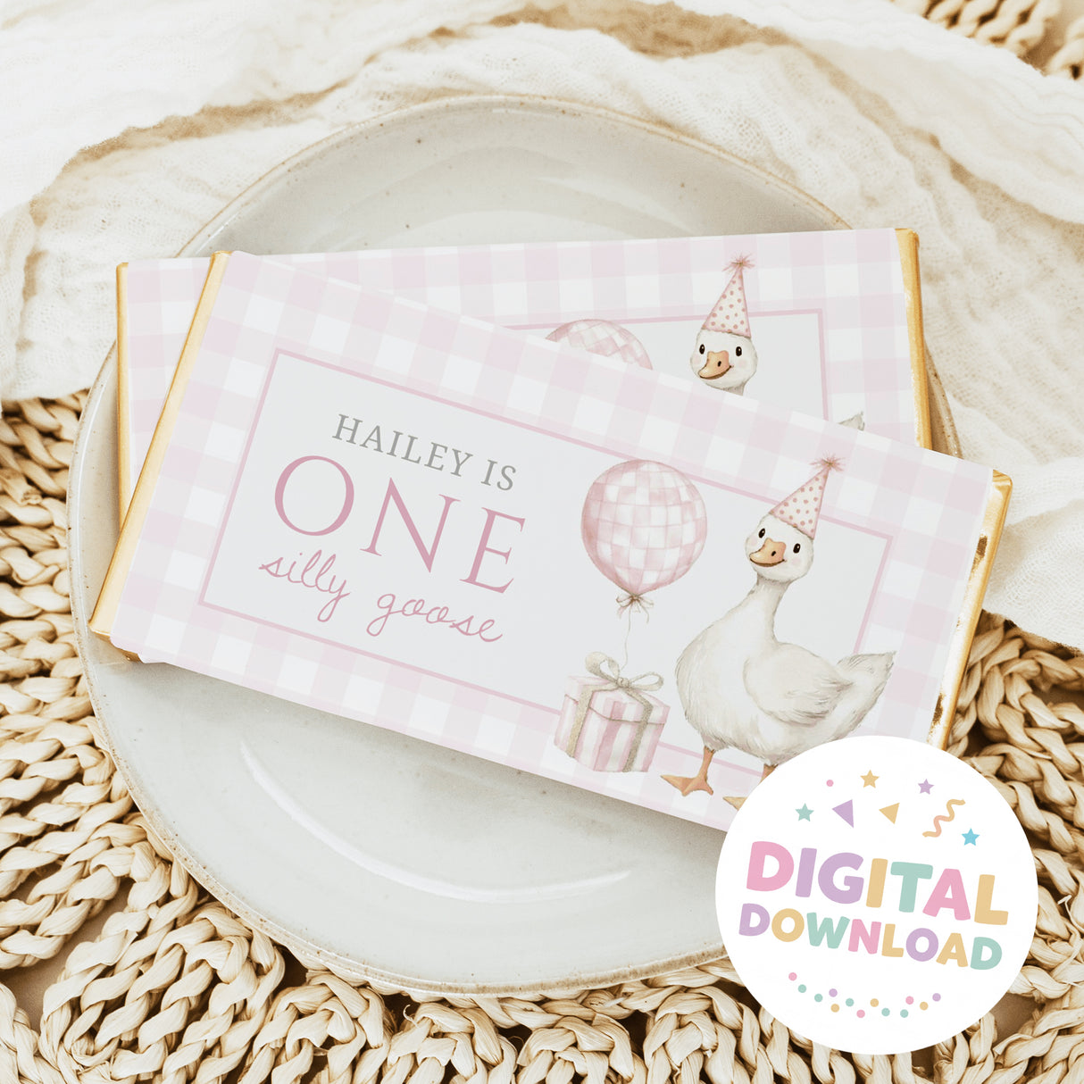 Pink birthday chocolate bar wrapper with duck, balloons, and Digital Download sticker