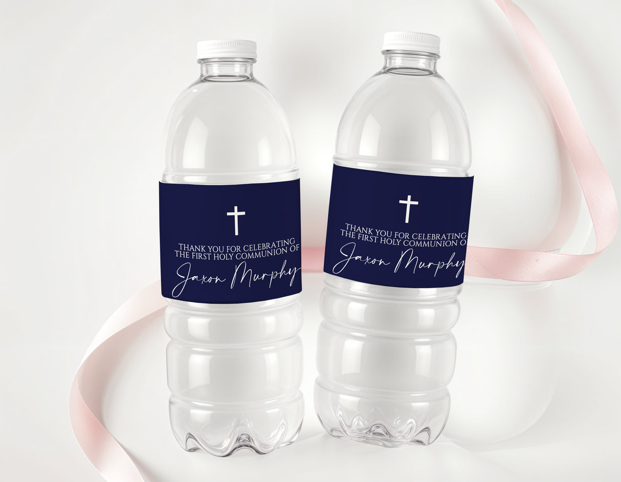 Two clear plastic drink bottles with navy First Communion labels, cross, thank-you text and name.