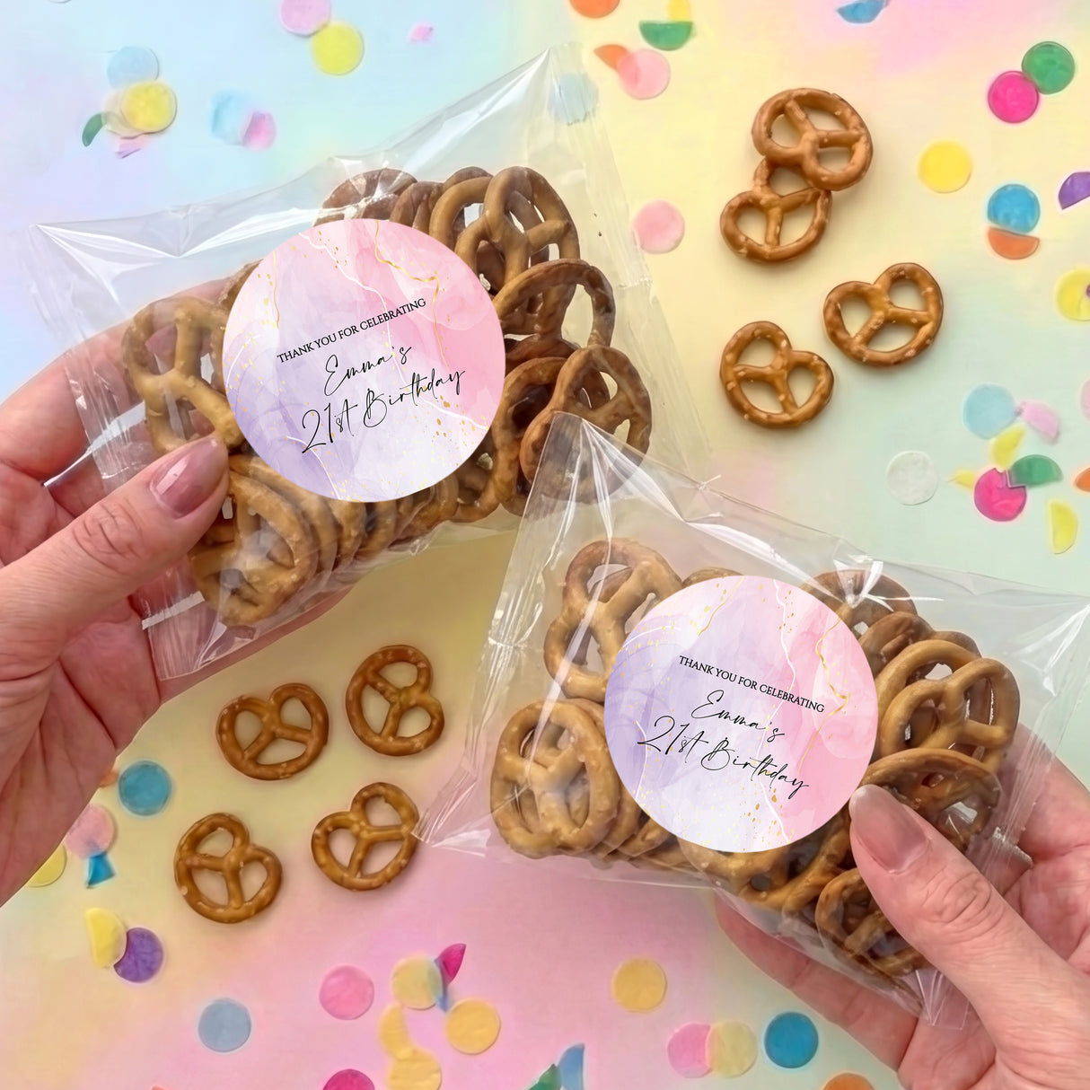 Personalized pretzel bag with clear plastic pack and pink round birthday label