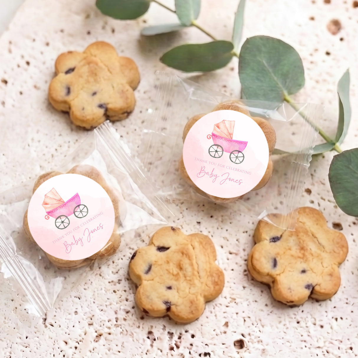 Pink Baby Carriage Baby Shower Personalised Bite Size Choc Chip Cookies