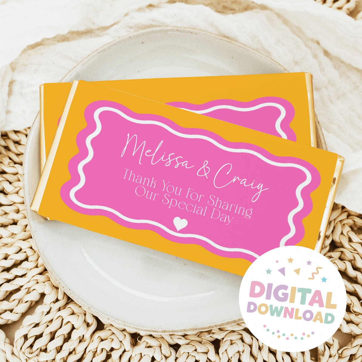 Personalized chocolate bar wrapper set, pink heart design with gold-yellow border