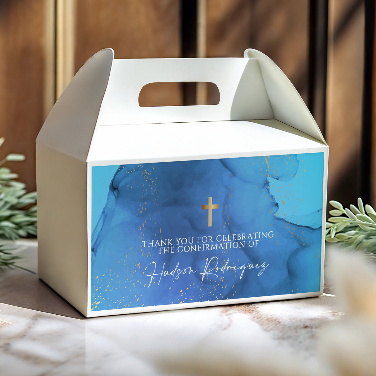 Blue marble confirmation gable favor box with white top, cross, and thank-you message
