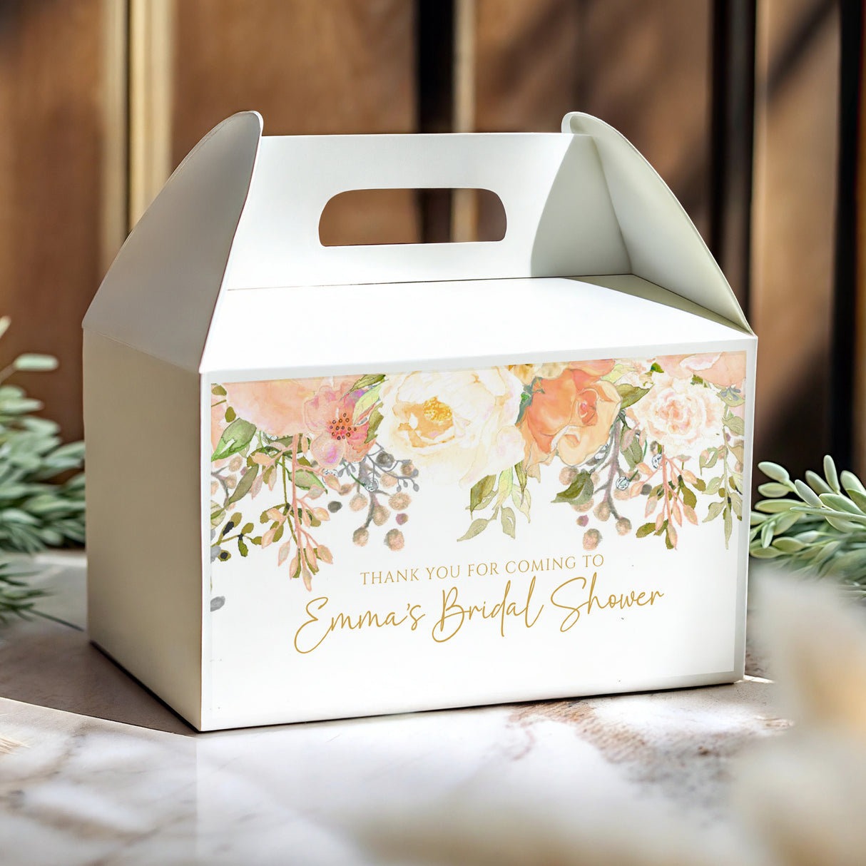 White gable favour box with pastel floral print and thank-you message window