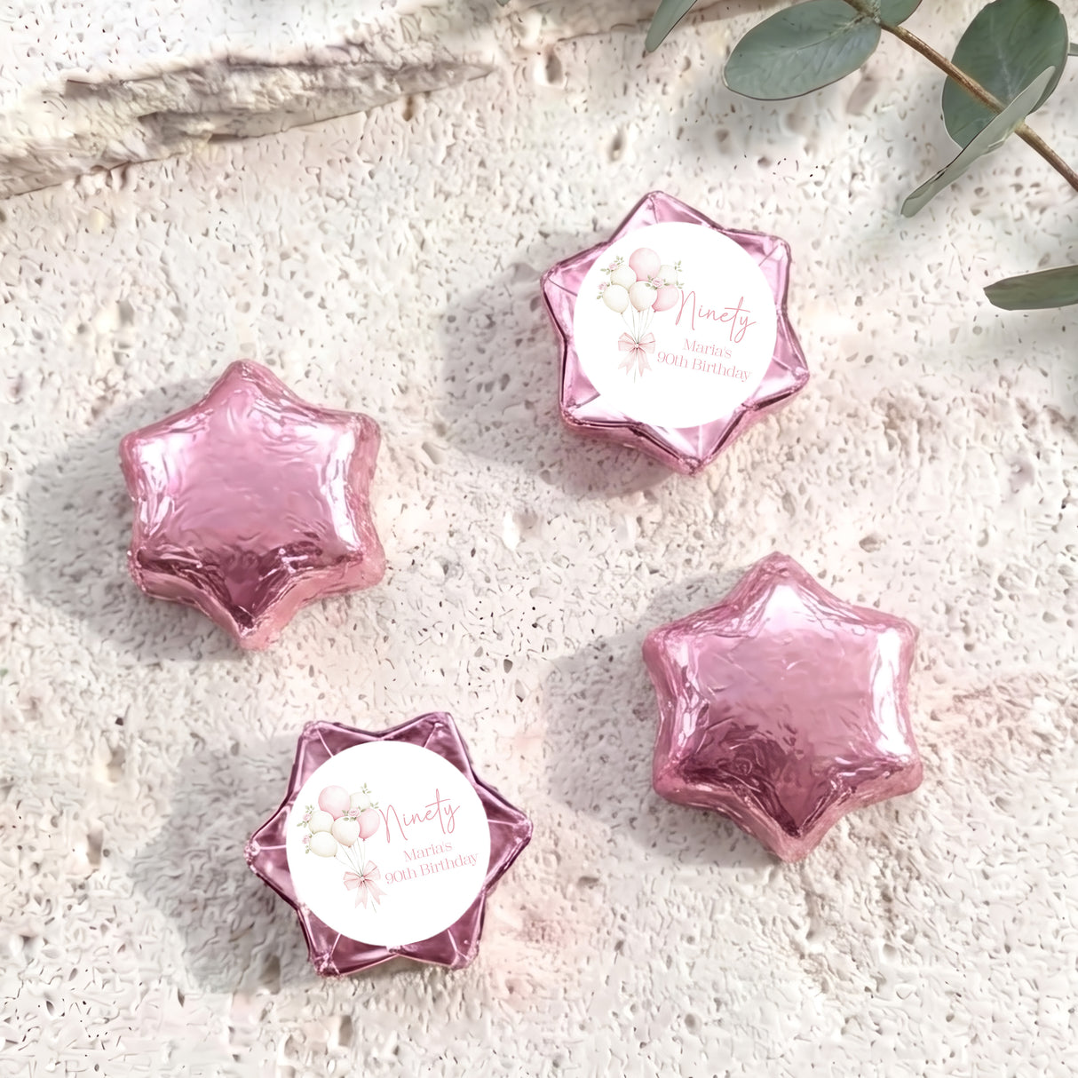 Balloons Bow 90th Birthday Personalised Foil Covered Chocolate Stars