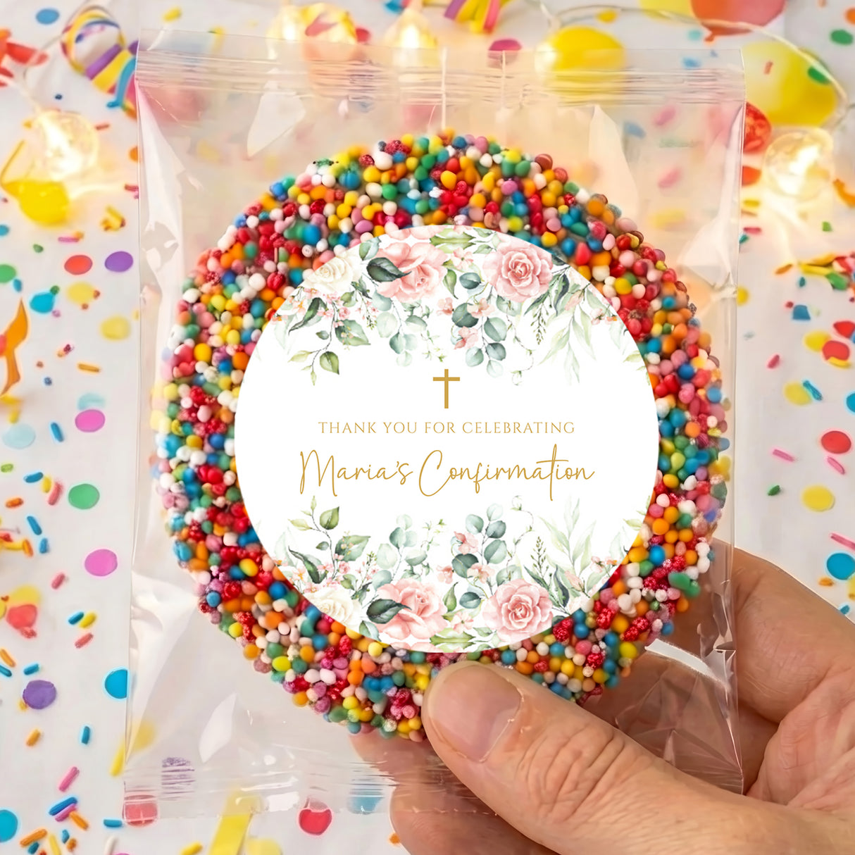 Personalised confirmation sweets bag with floral round label and rainbow sprinkle border