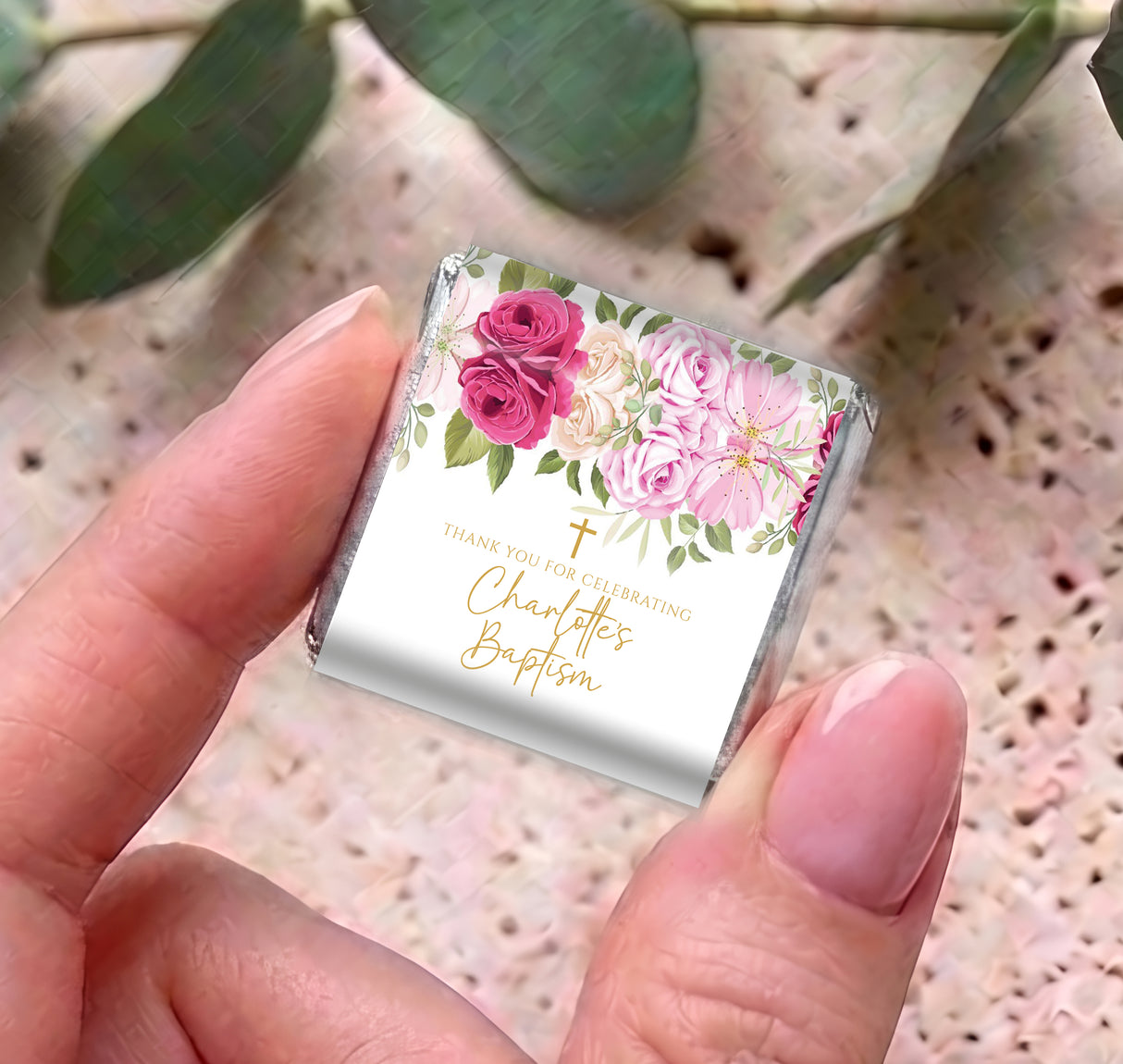 Personalised mini chocolate box with pink roses, green leaves, and gold cross details