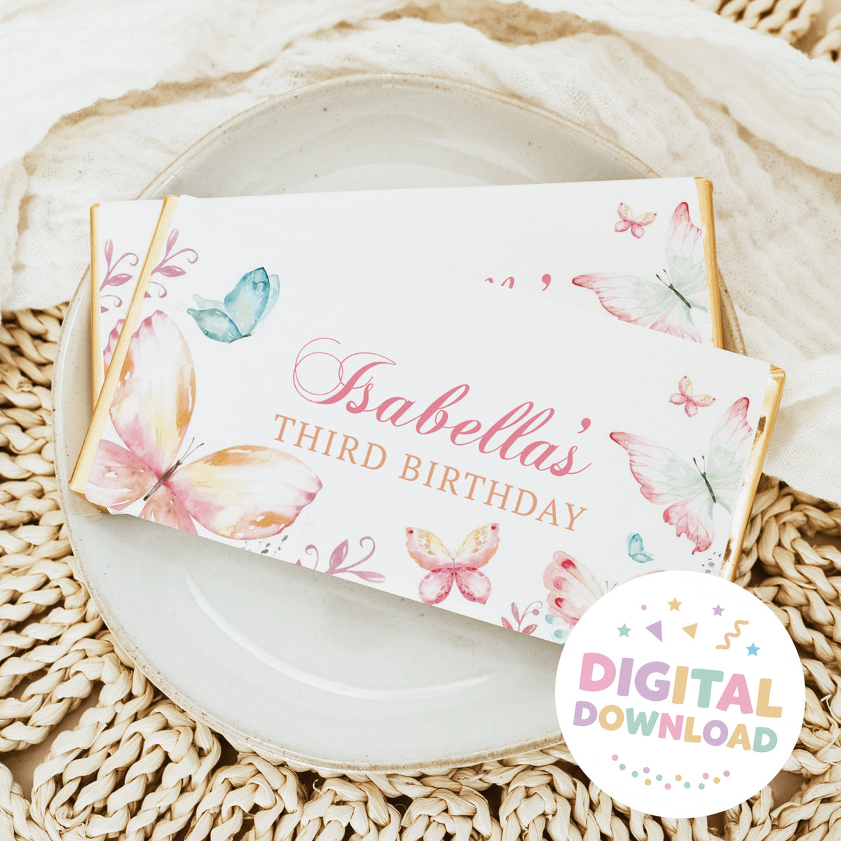 Pastel butterfly chocolate bar wrapper reading 'Gabella's Third Birthday'.