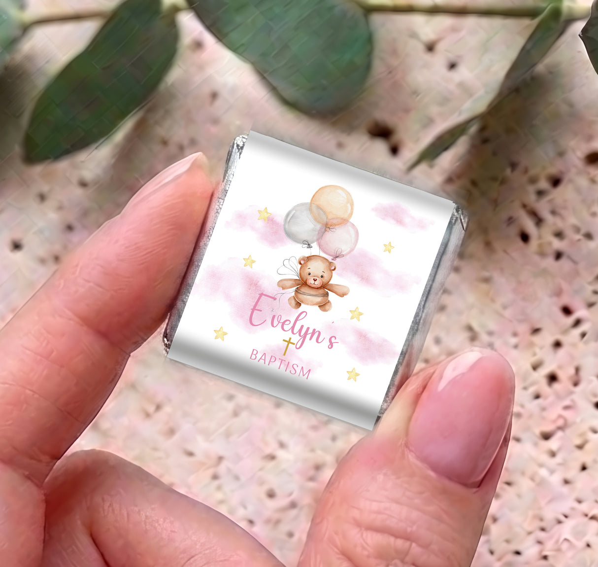 Personalised mini chocolate pack showing teddy bear with balloons and “Baptism” text