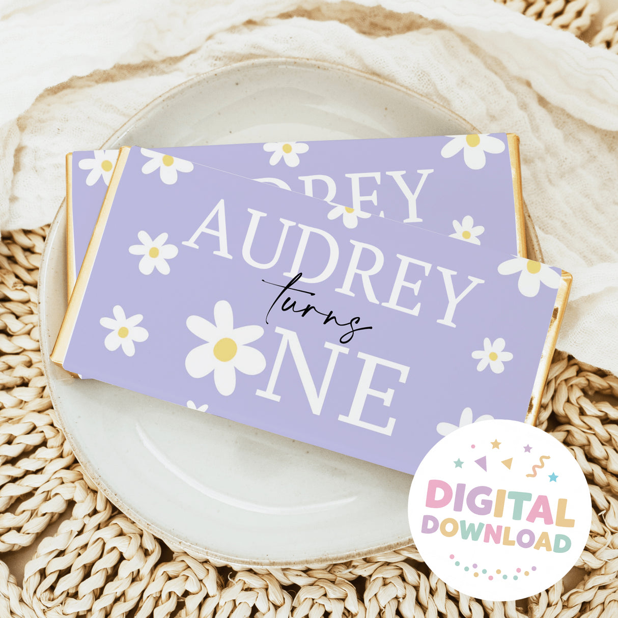Lavender daisy birthday chocolate bar wrapper card with white daisies and name Audrey