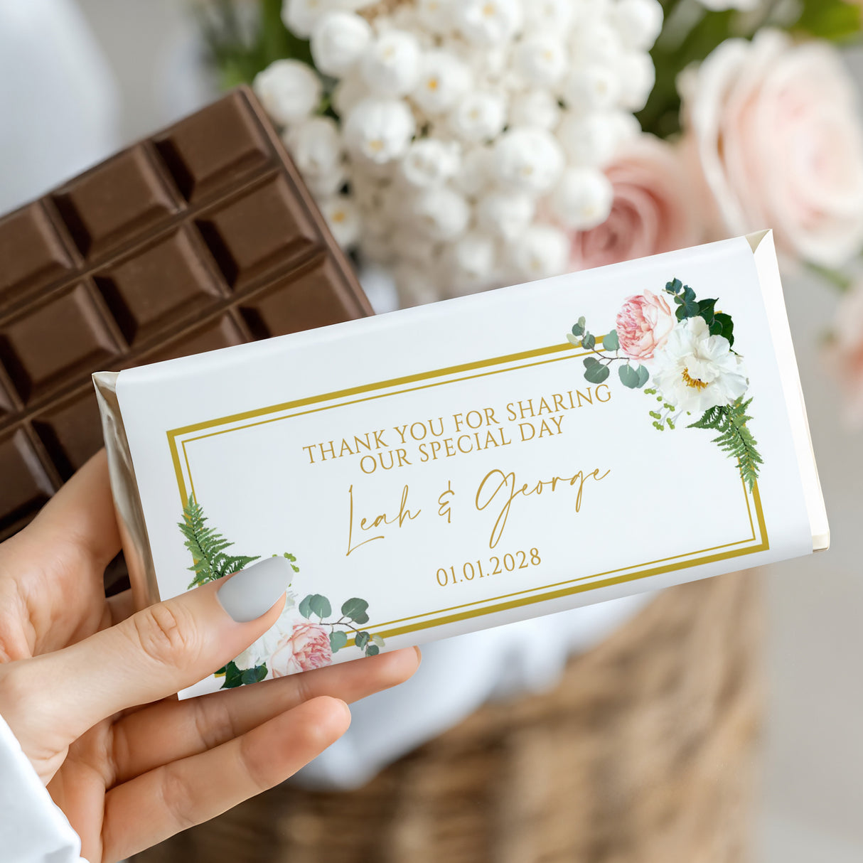 Wedding chocolate bar wrapper with floral print and gold border, thank-you text
