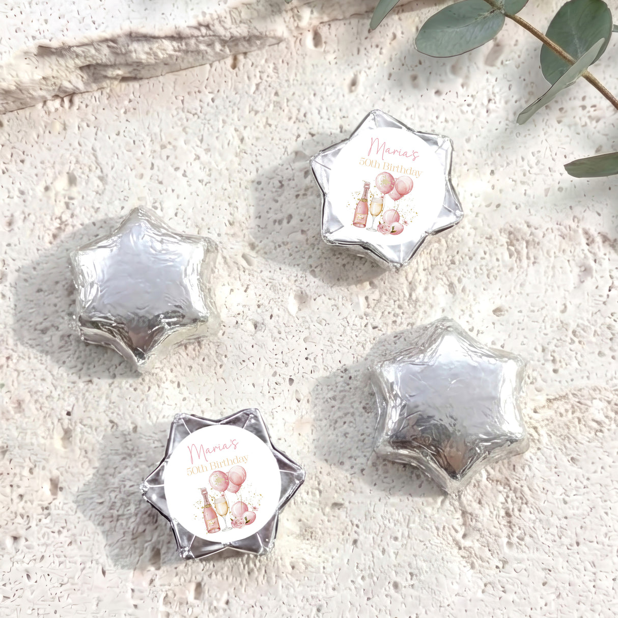 Pink Champagne 50th Birthday Personalised Foil Covered Chocolate Stars