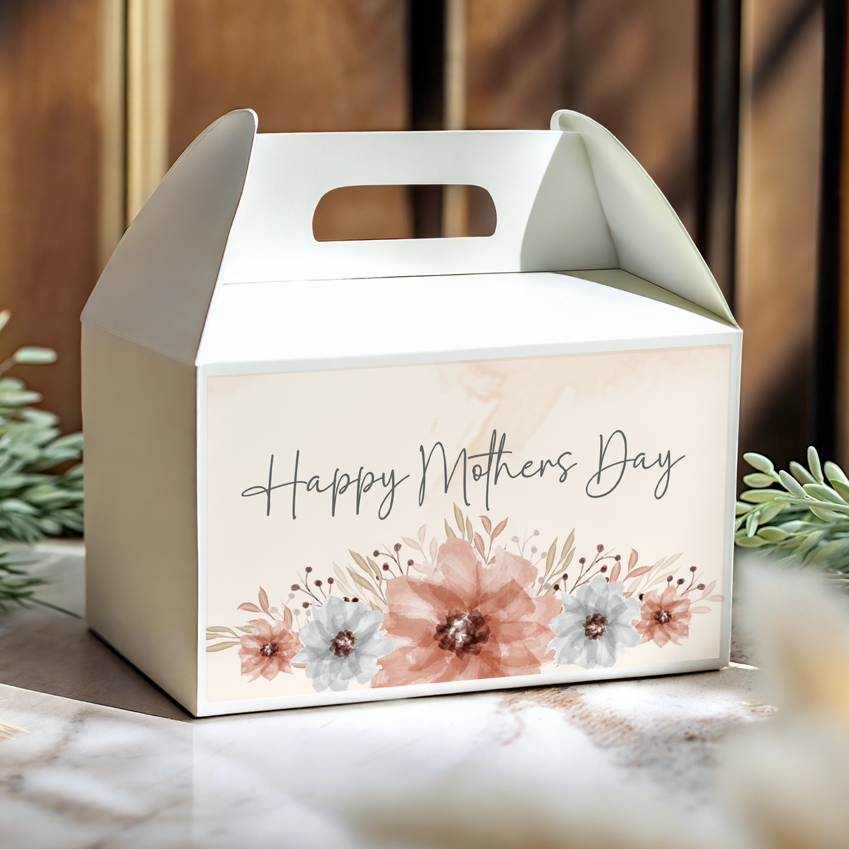 Happy Mother's Day gable favor box, white with watercolor floral bouquet on front
