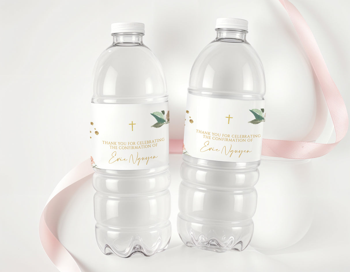 Personalised water bottle labels on two clear plastic bottles with printed text