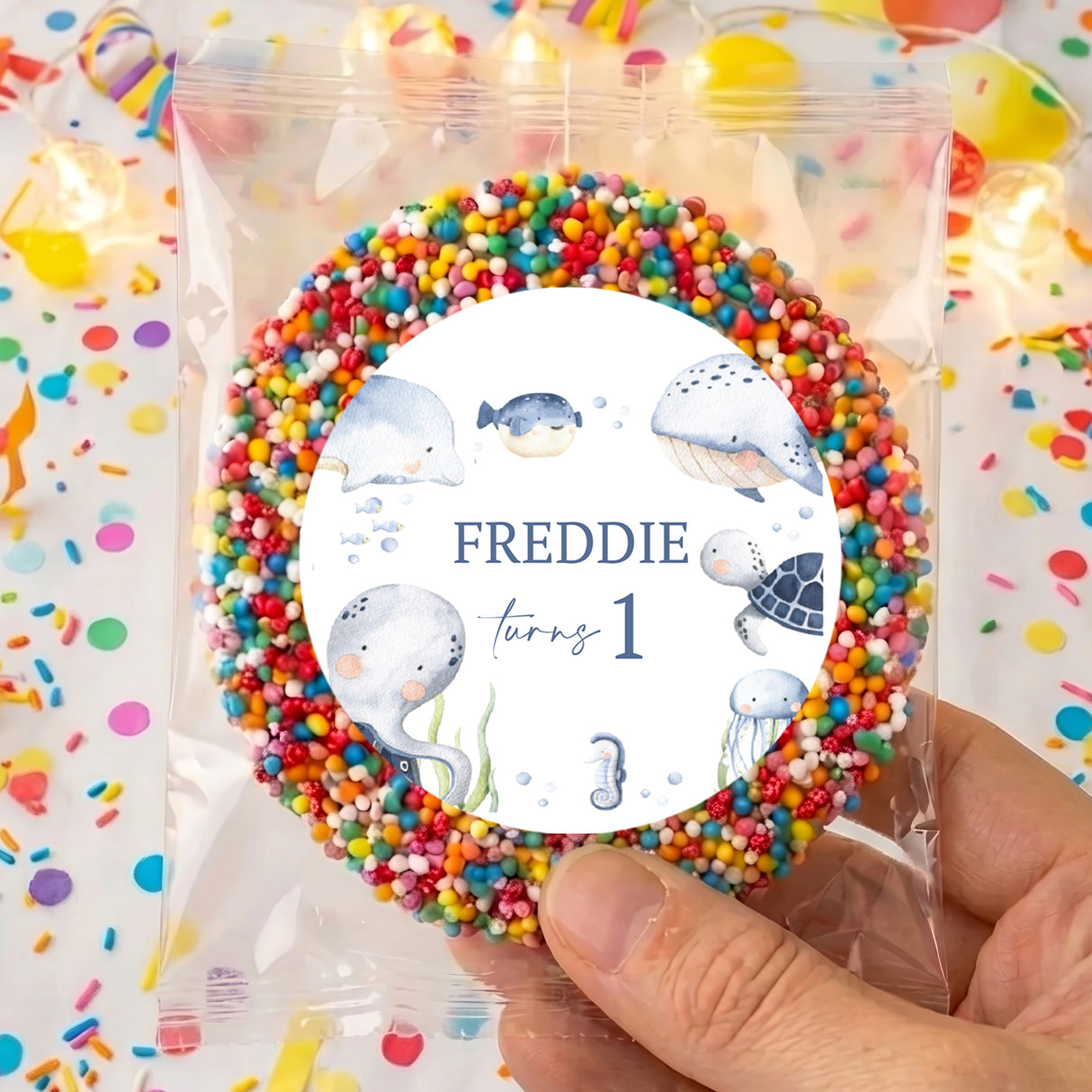 Under-the-sea giant freckles with Freddie, turns 1, multicolor sprinkle border