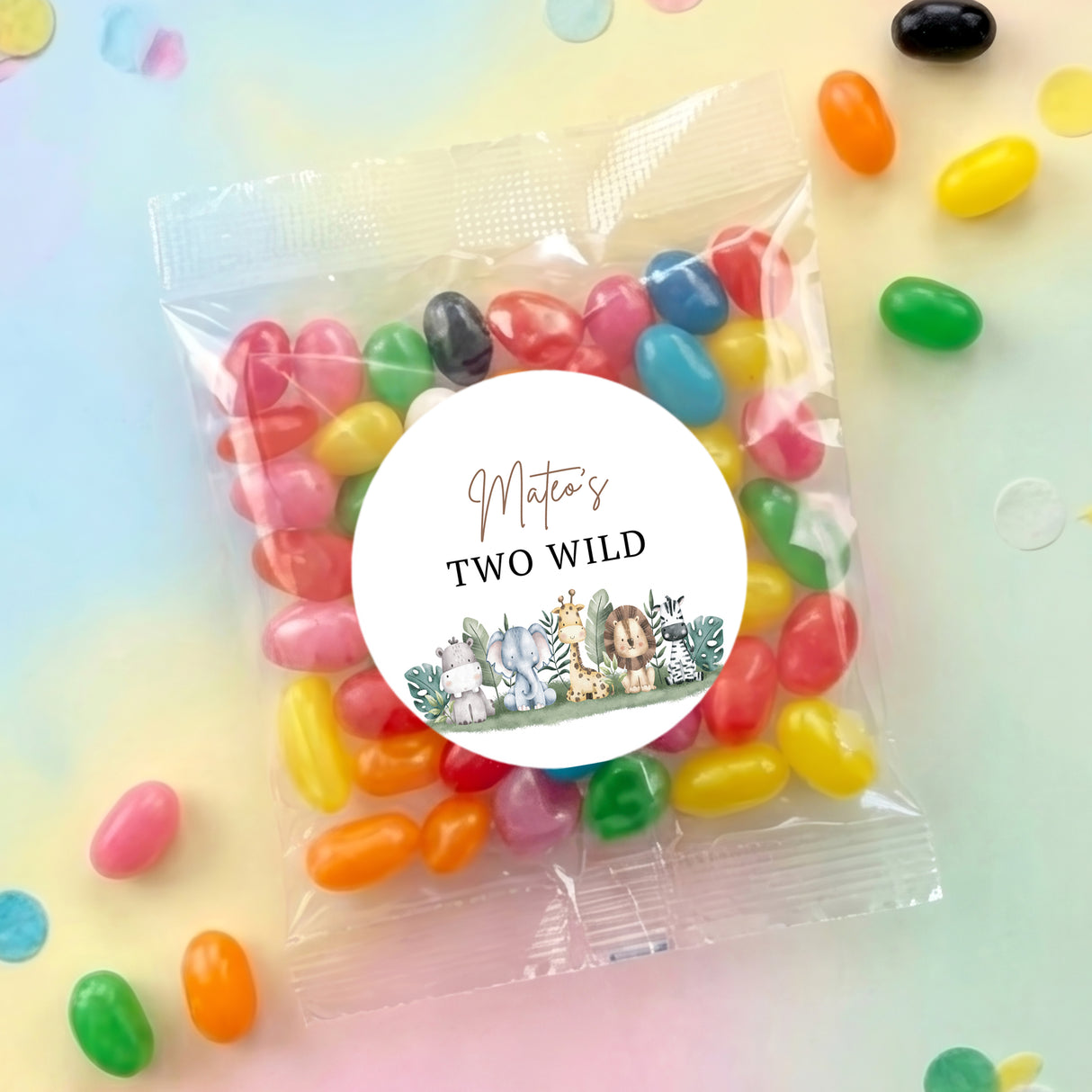 Personalised jelly bean bag with multicolored jelly beans and round Two Wild label