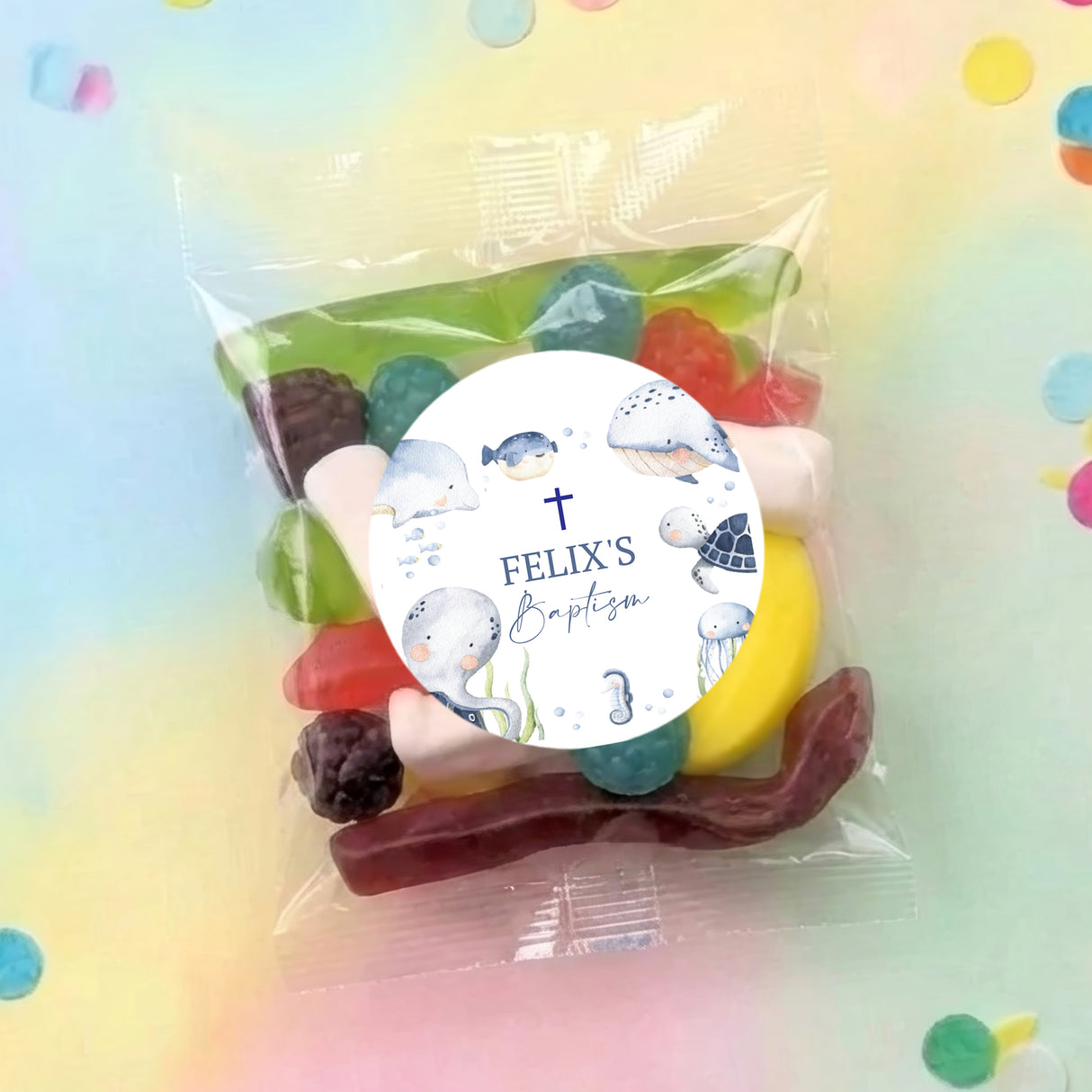 Under the Sea baptism party mix lolly bag with sea-creature label and clear plastic pouch