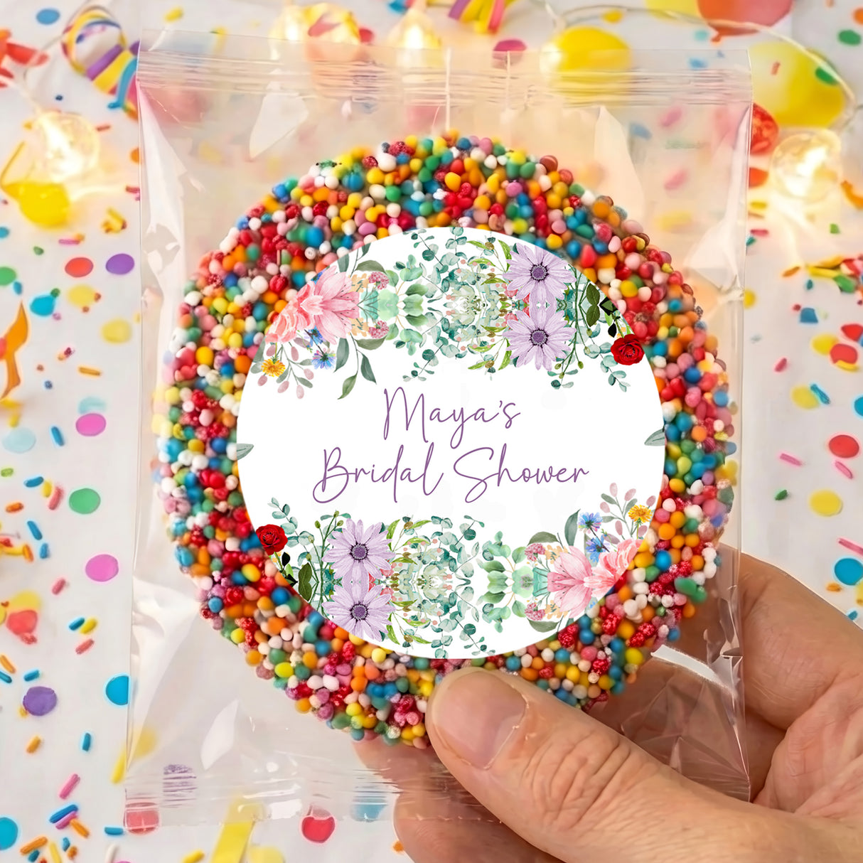 Personalized bridal shower giant freckles candy ring with “Maya’s Bridal Shower” tag