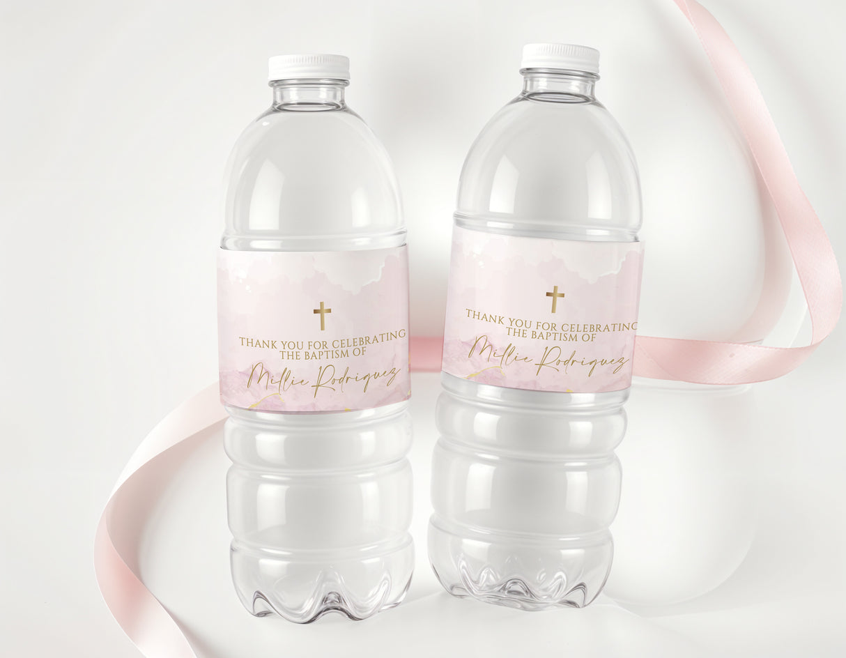 Baptism water bottle labels on clear plastic bottles, pink marble with gold cross