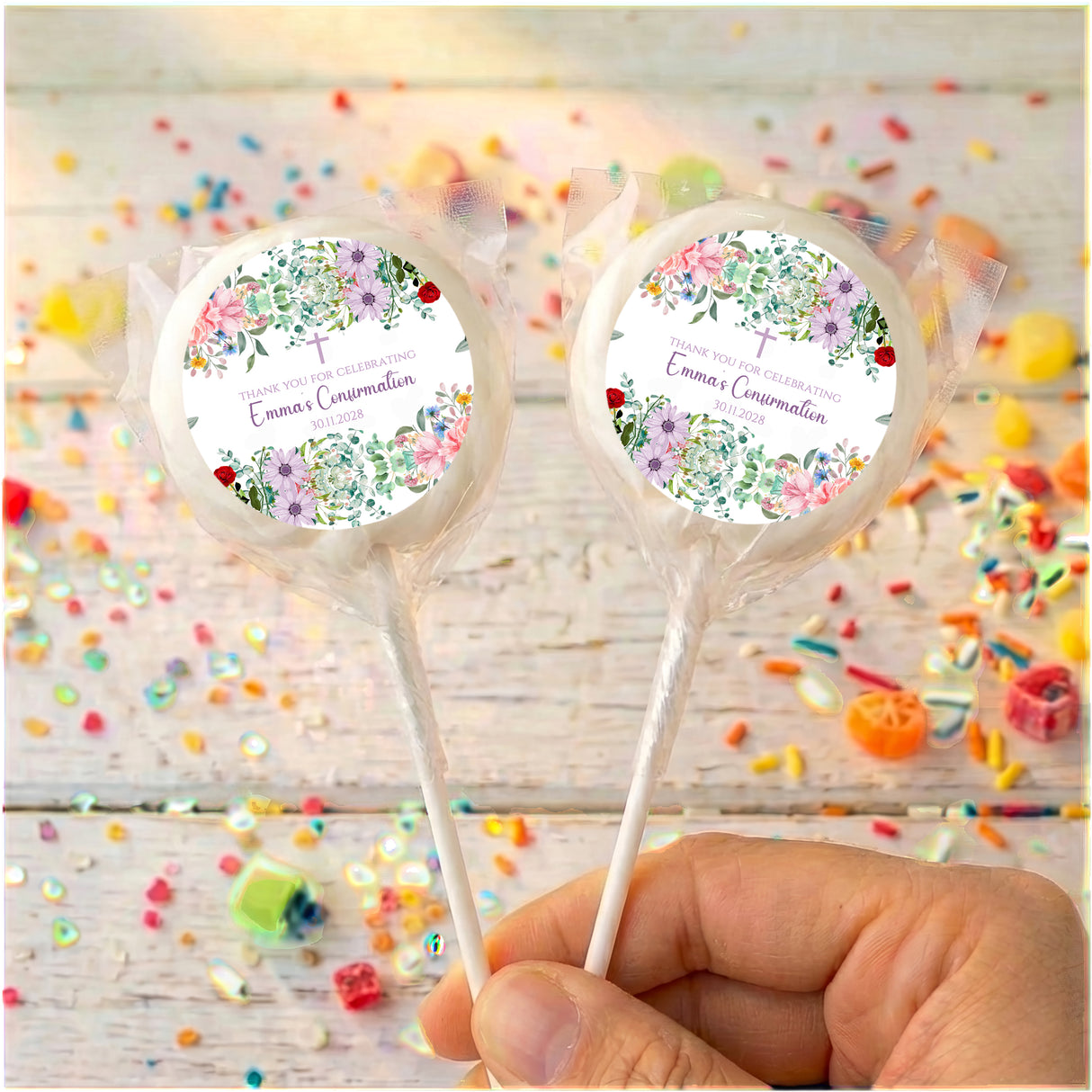 Personalised lollipops set of 2 with clear wrappers and purple floral name circles