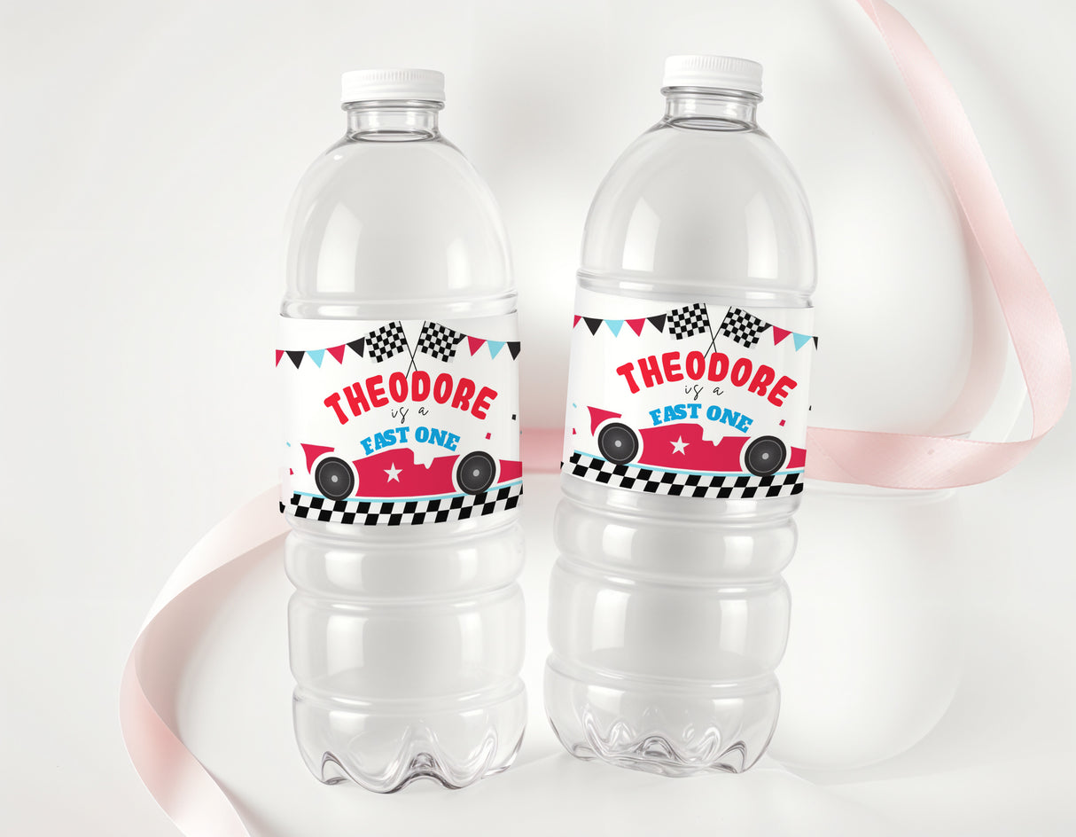 Personalised drink bottle labels with race car checkered design and name Theodore
