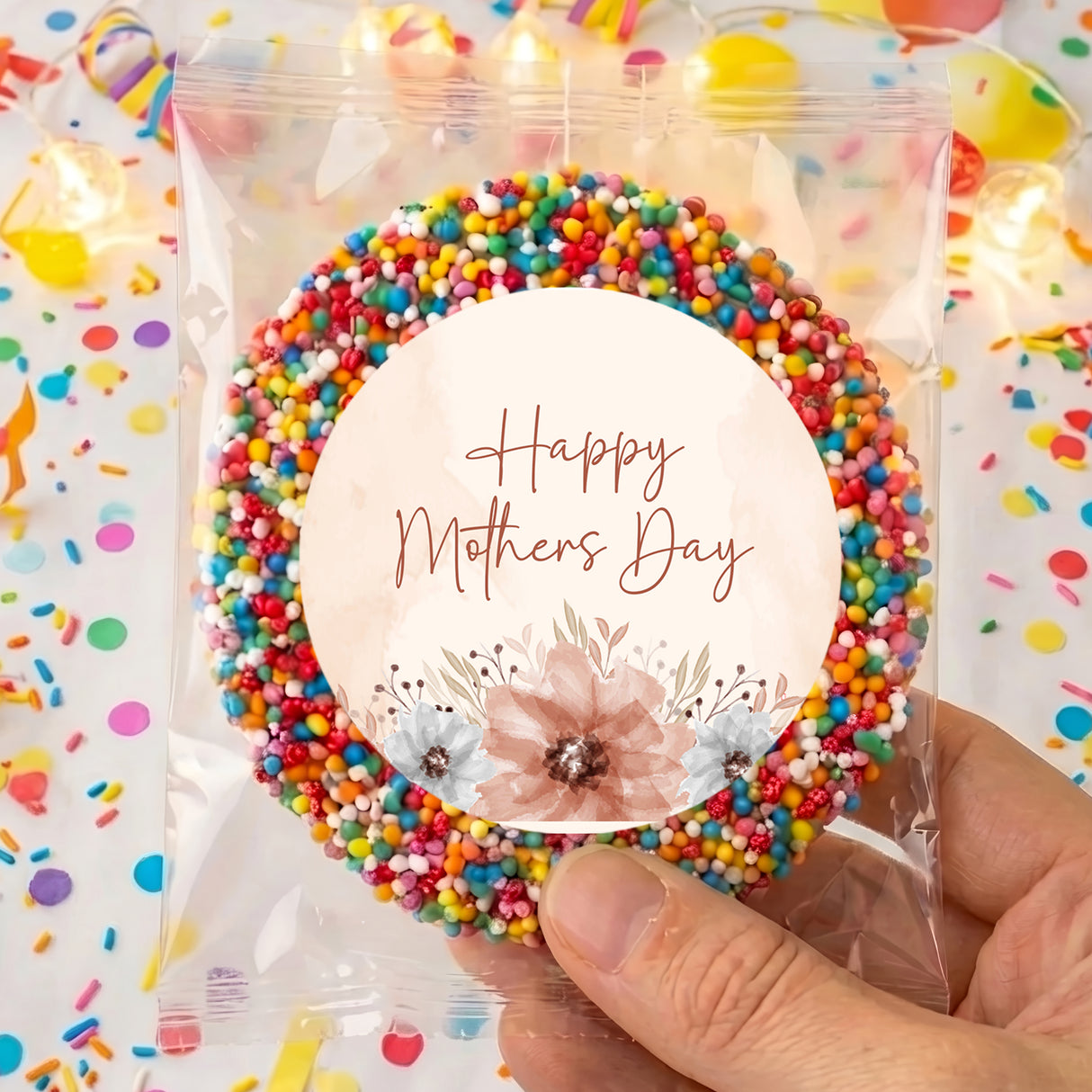 Clear plastic treat bag with round card reading Happy Motherโs Day and watercolor flowers