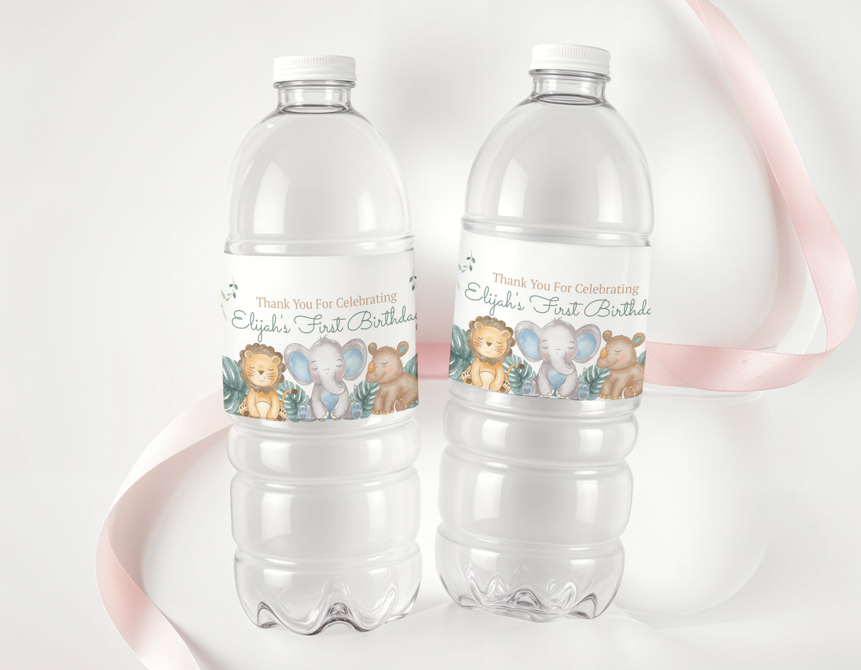 Safari animal first birthday water bottle labels on clear plastic drink bottles