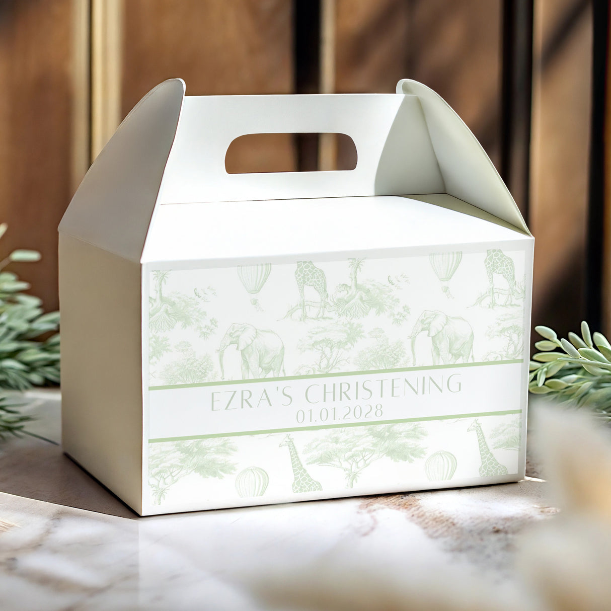 Safari toile christening gable favour box with green print and hand-lettered personalization