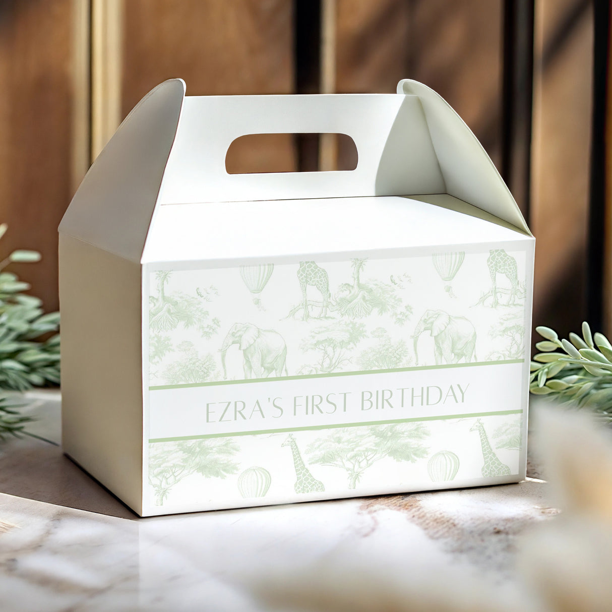 White gable favour box with green safari pattern and cut-out handle, personalised text
