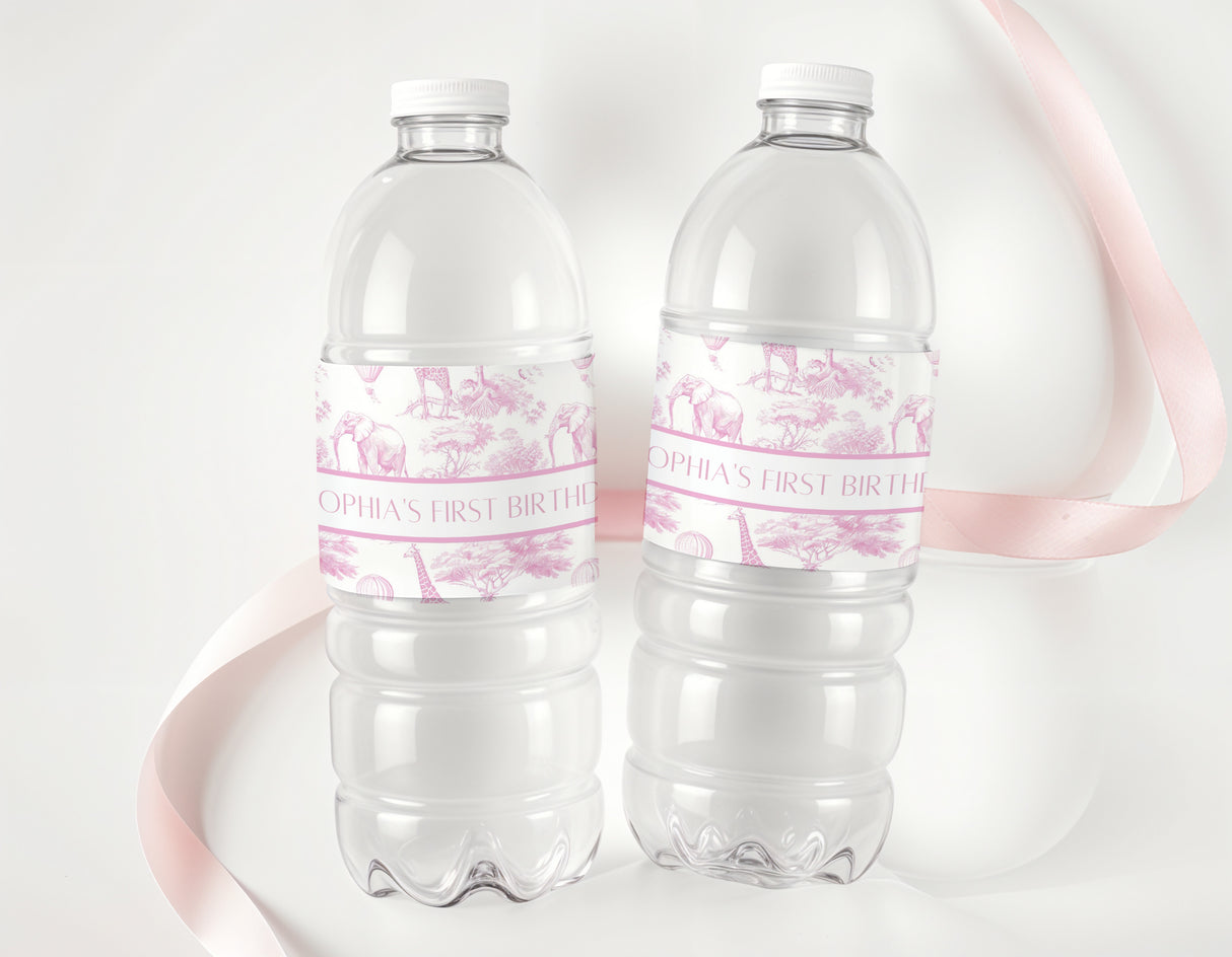 Personalised first birthday water bottle labels on clear plastic bottles, pink safari print