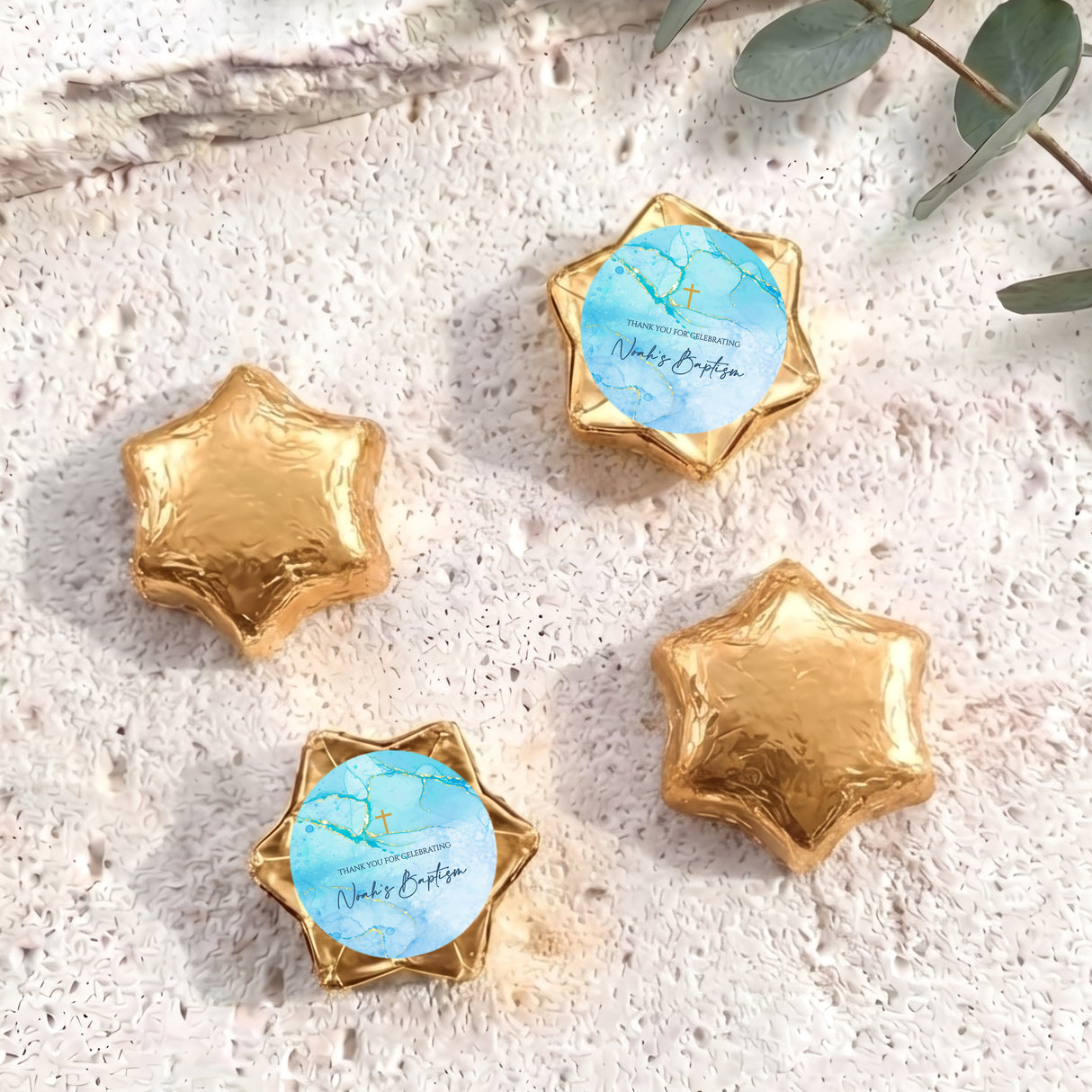 Personalised foil chocolate stars in gold with baptism label and cross design