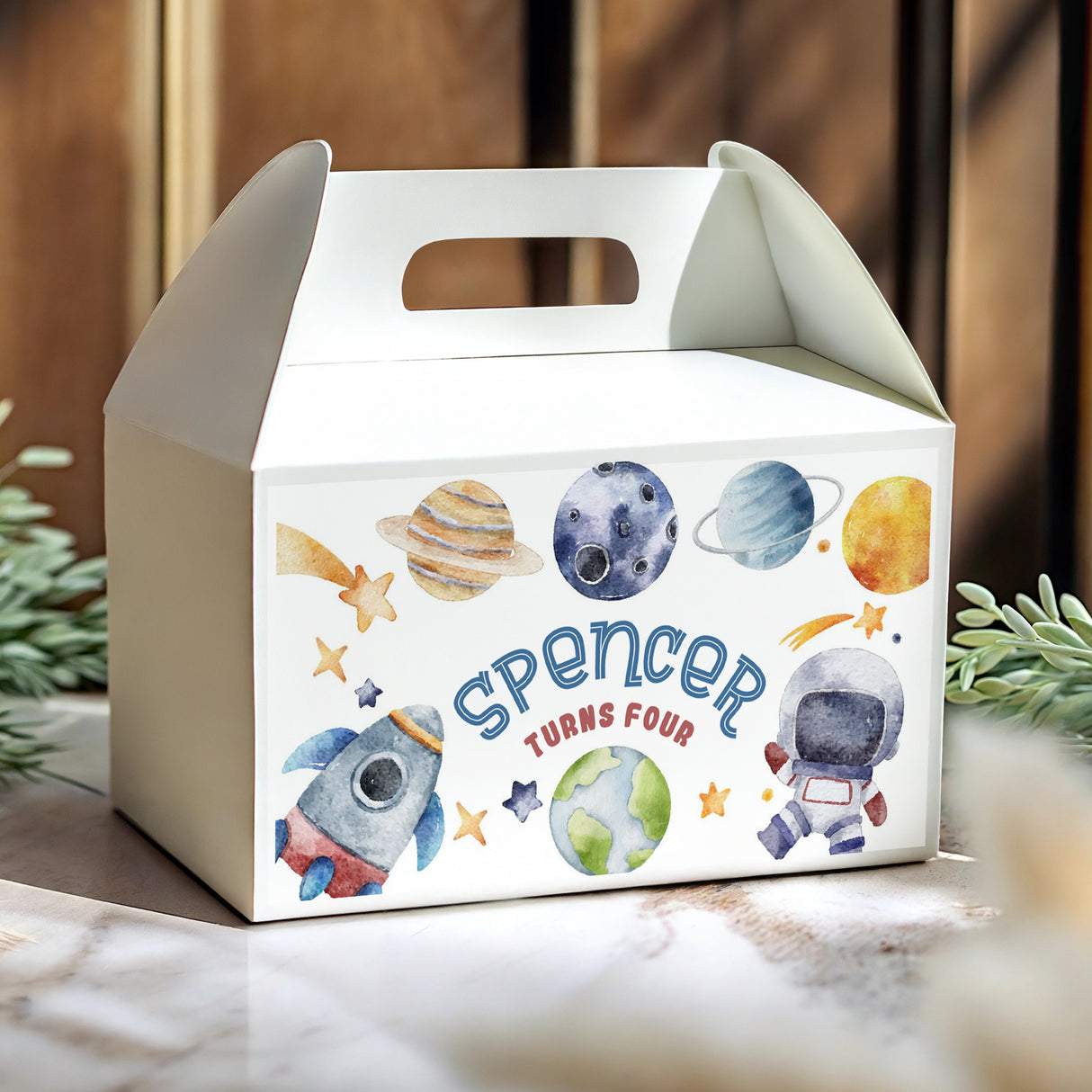 Personalised gable favor box, white with space planets and cutout handle