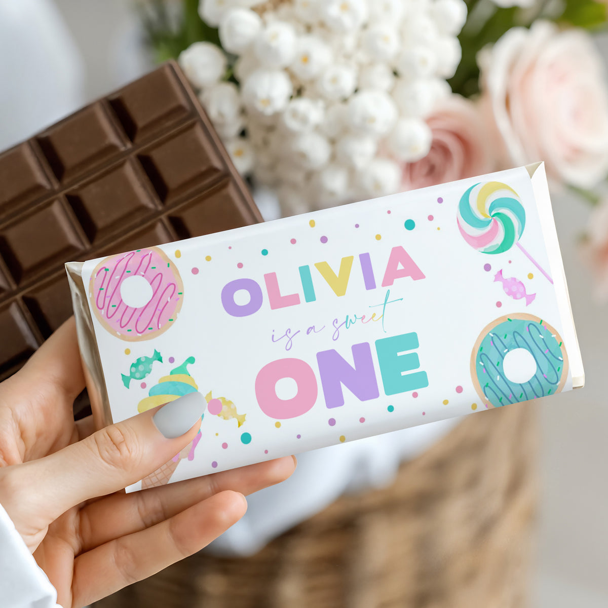Birthday chocolate bar with white wrapper, OLIVIA ONE, pastel sprinkles design