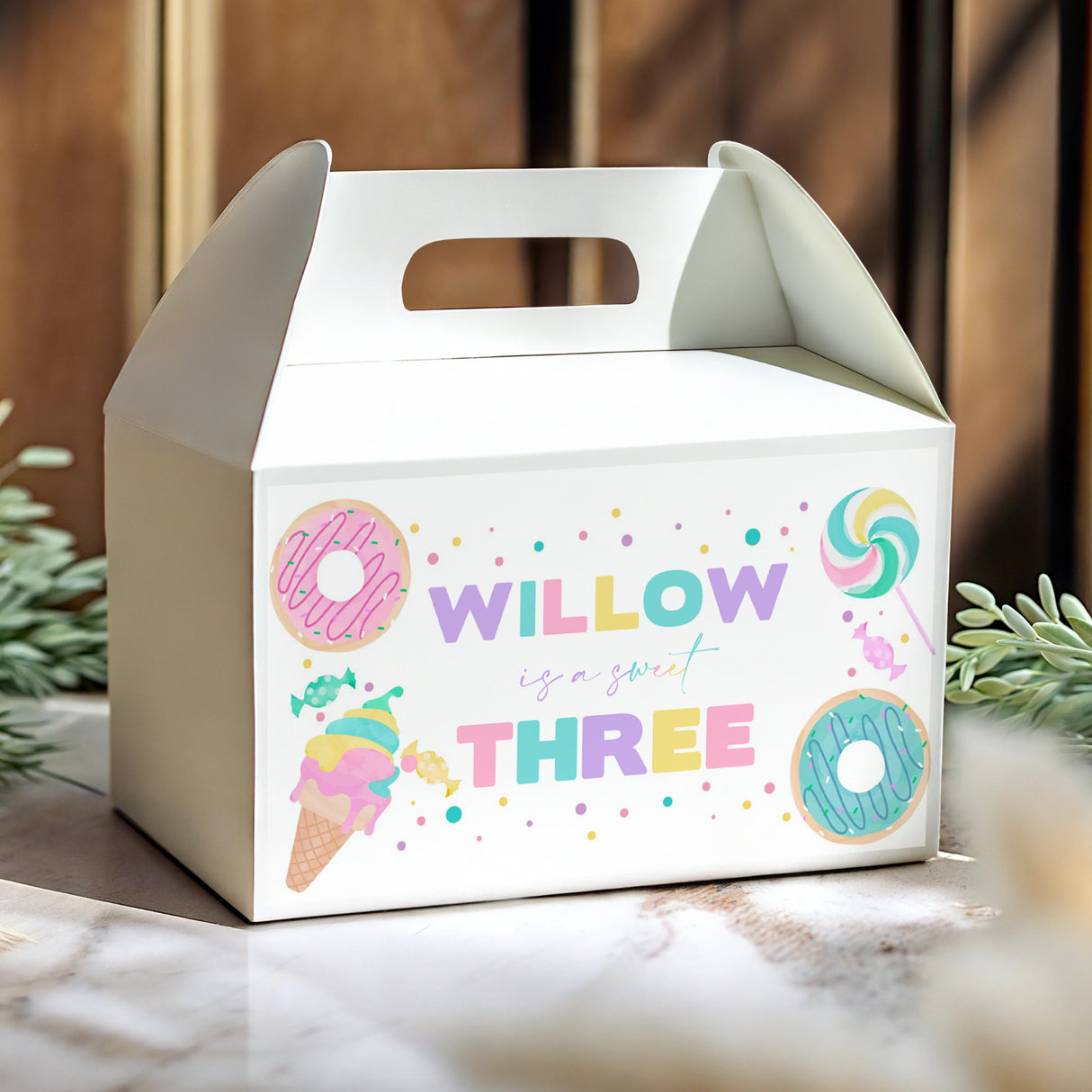Personalised gable favour box, white with handle cut-out and Willow Three print