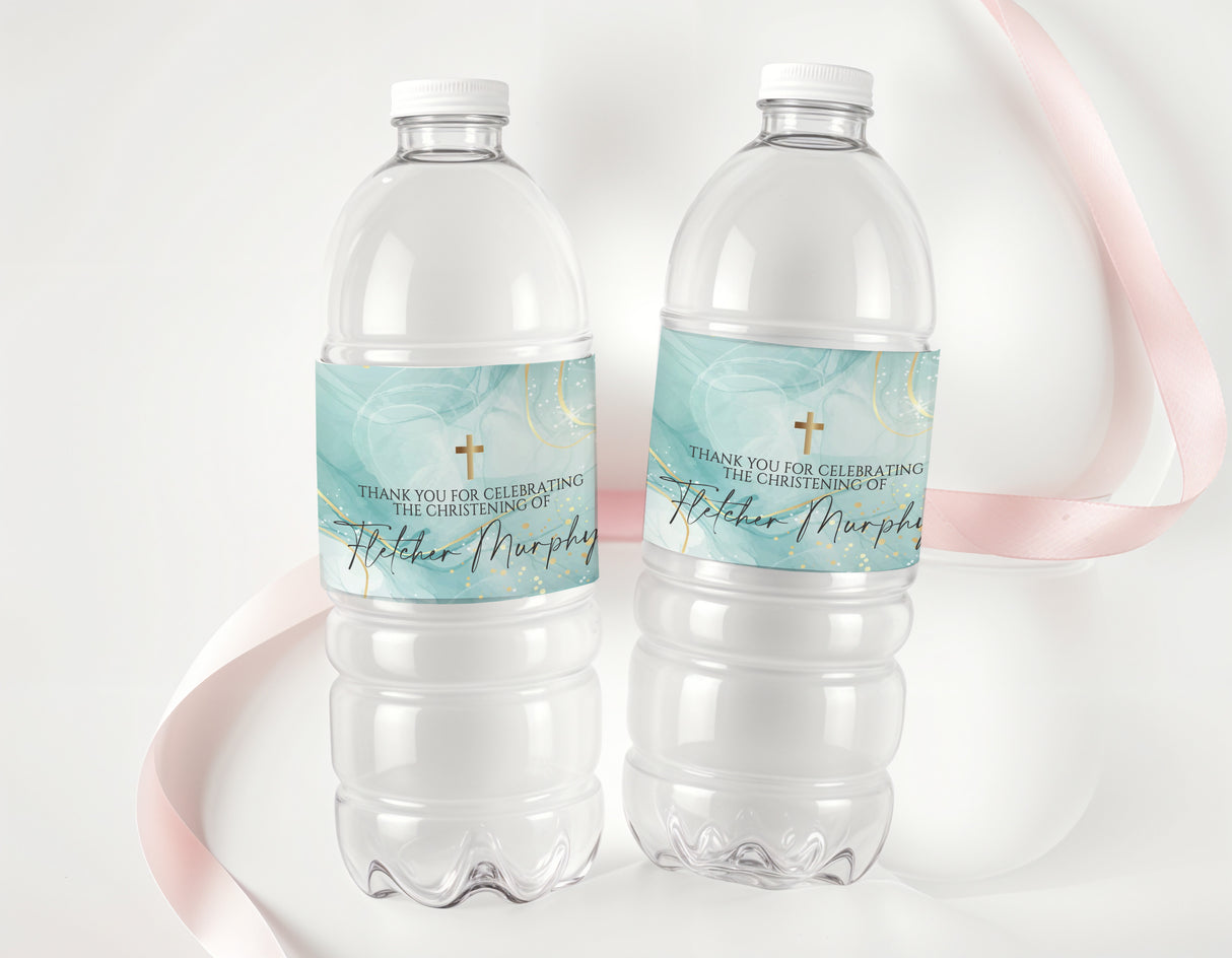 Teal marble christening drink bottle labels on two clear plastic bottles