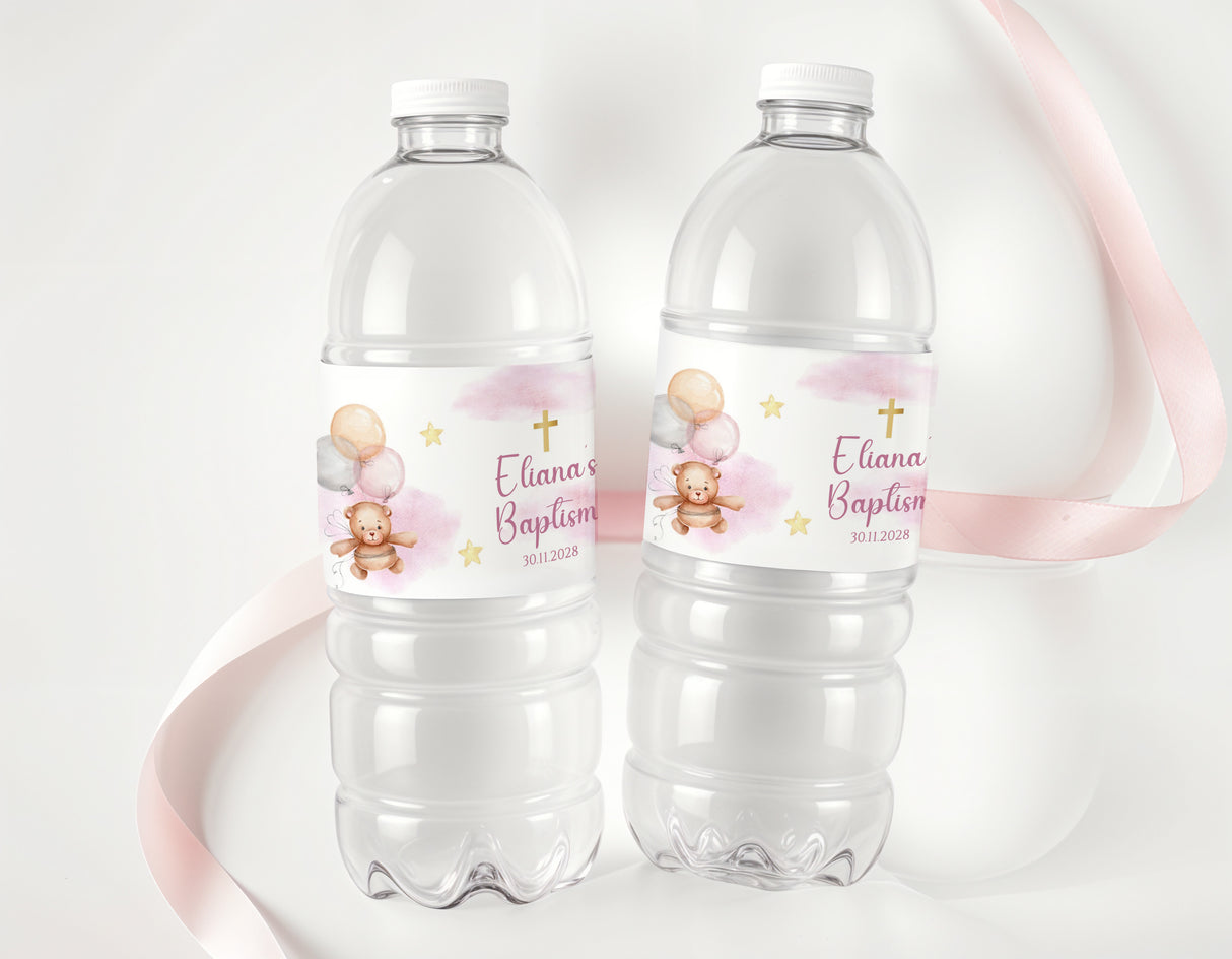 Personalised baptism water bottles with pink teddy bear labels and cross icons, set of 2