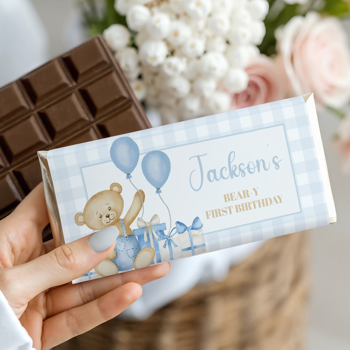 Custom chocolate bar wrapper: blue bear, balloons, "Jackson's Beary First Birthday"