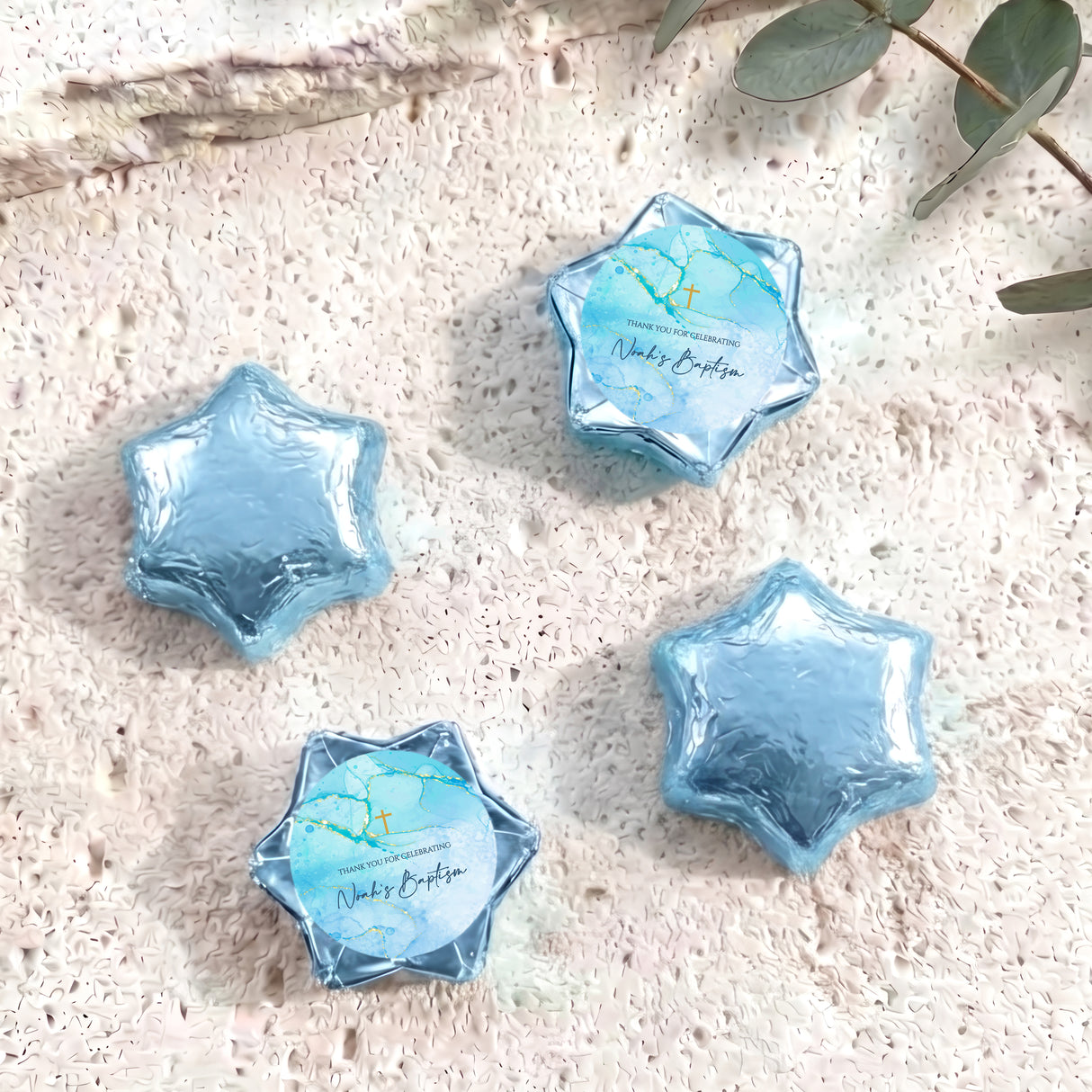 Personalised foil chocolate stars in light blue with baptism label