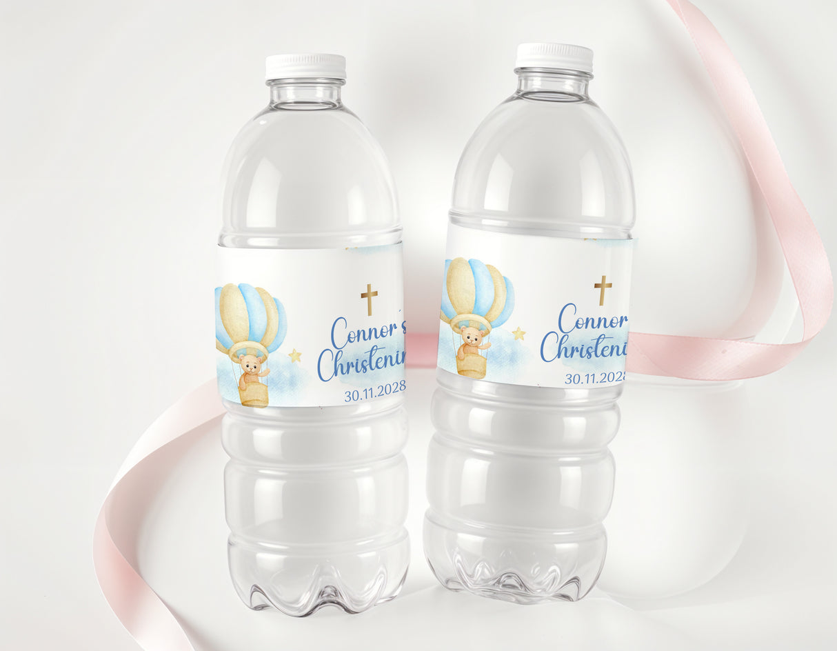 Christening water bottle labels on clear bottles with blue teddy balloon design