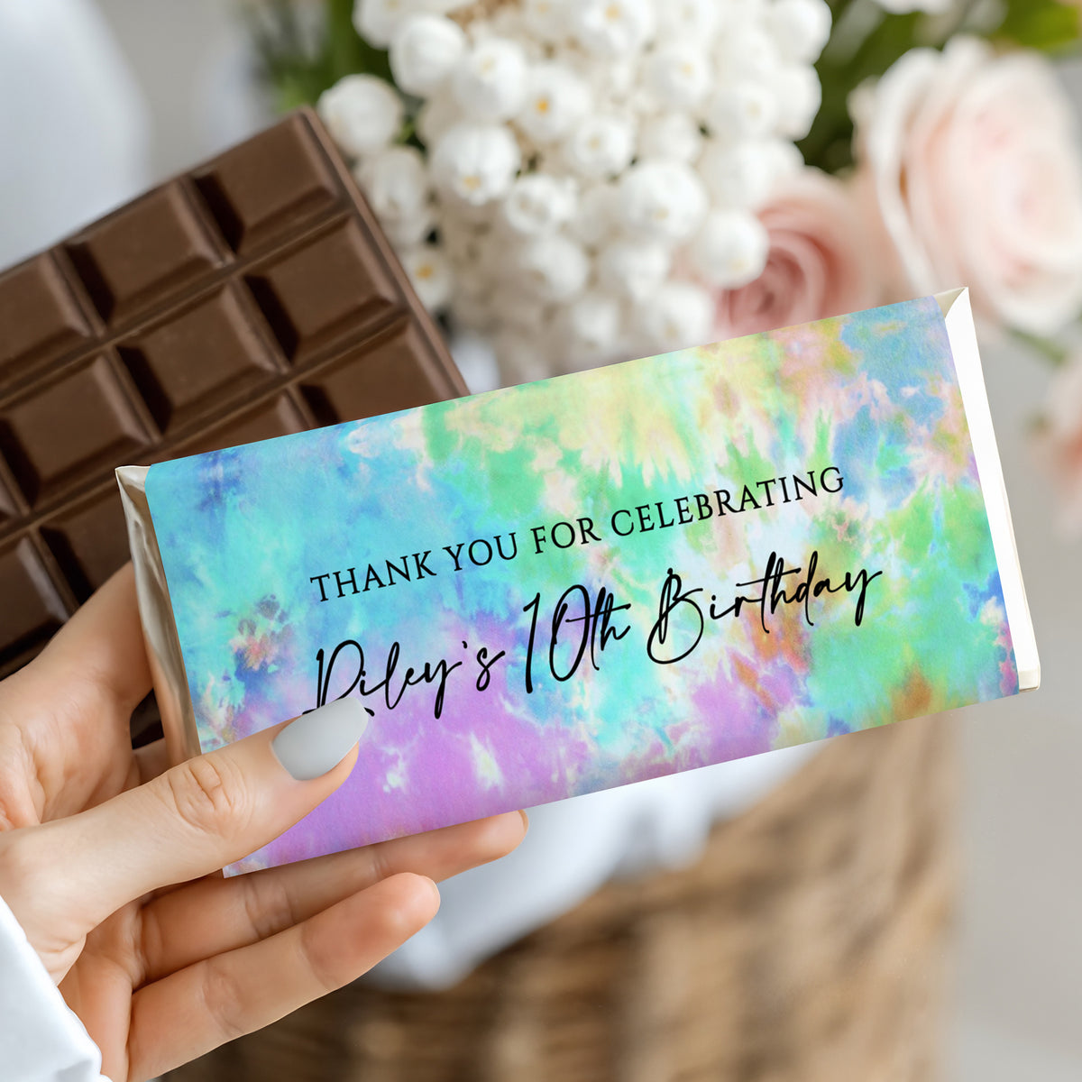 Tie-dye chocolate bar wrapper with 'Thank you for celebrating Derek's 10th Birthday'