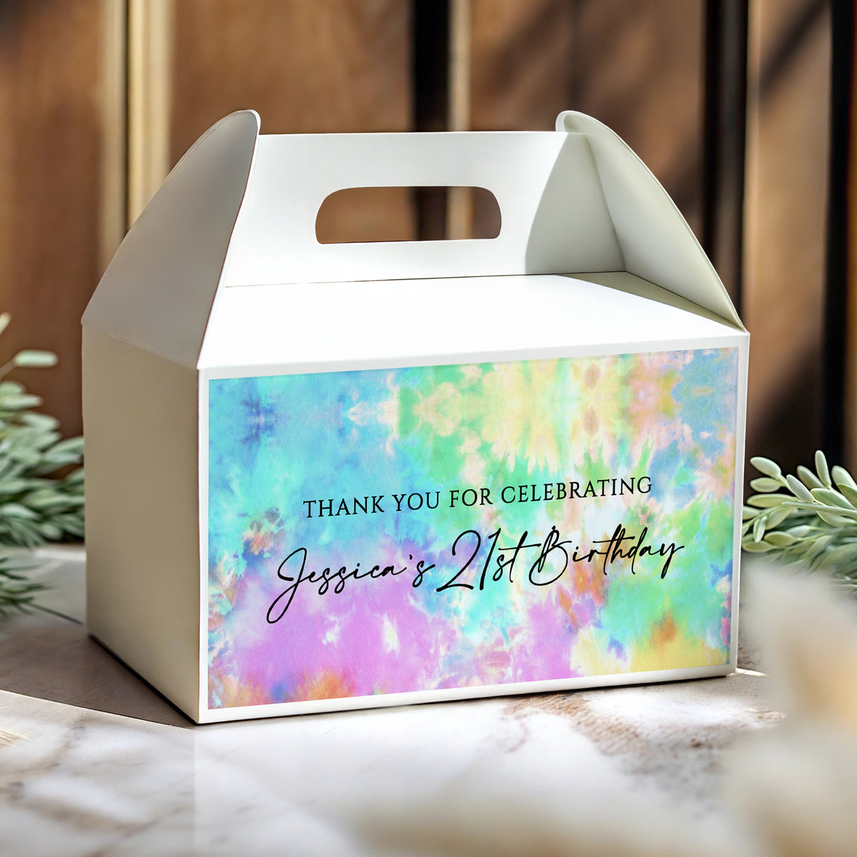 Tie-dye 21st birthday gable favour box with carry handle and printed thank-you message