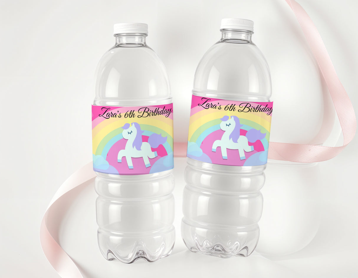 Clear water bottles with unicorn rainbow “Zara's 6th Birthday” labels, white caps
