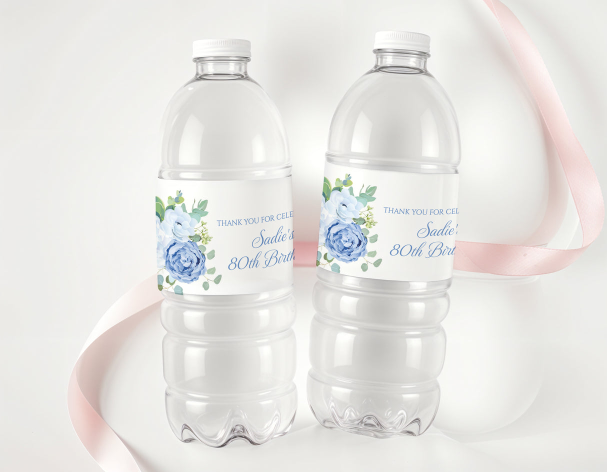 80th birthday water bottle labels, blue floral on clear plastic bottles